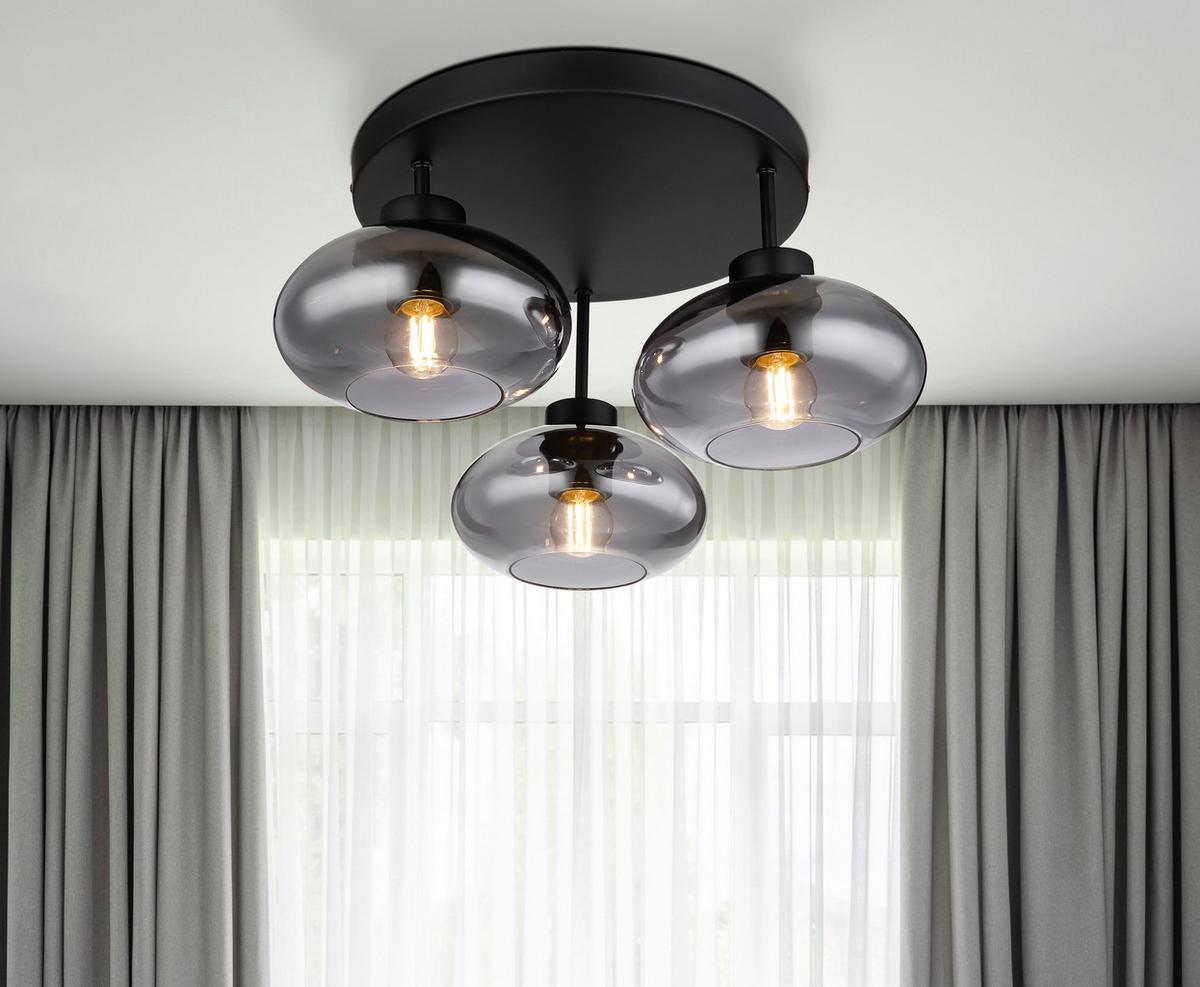 Deckenleuchte Ø 40 cm 3-Flammig mit Rauchglas - Schwarz, Design, Glas/Metall (40/24cm) - Globo
