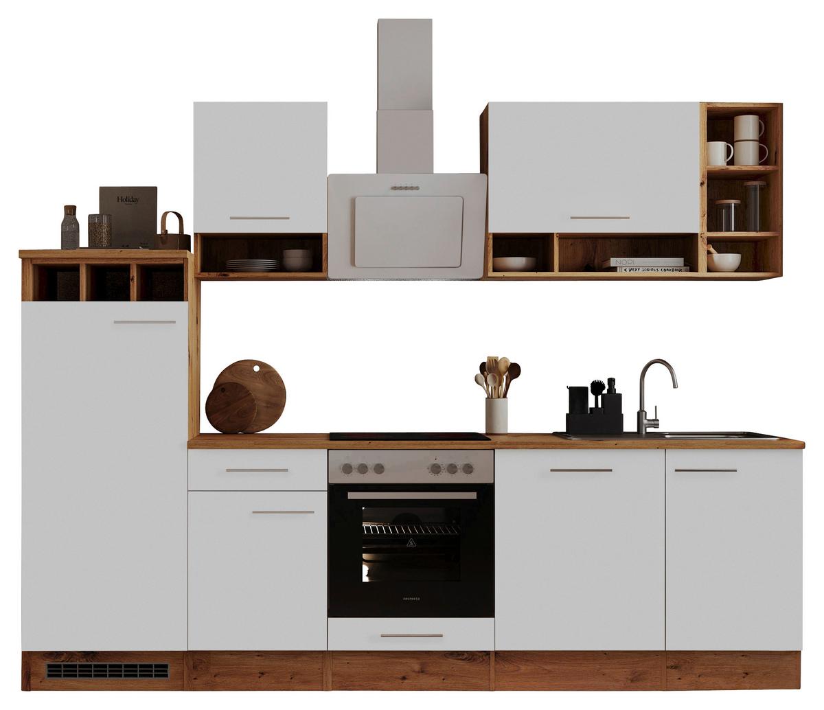 Küchenzeile Economy mit Geräte B: 280 cm Weiß/Eiche Dekor - Wildeiche/Weiß, Basics, Holzwerkstoff (280cm) - Respekta