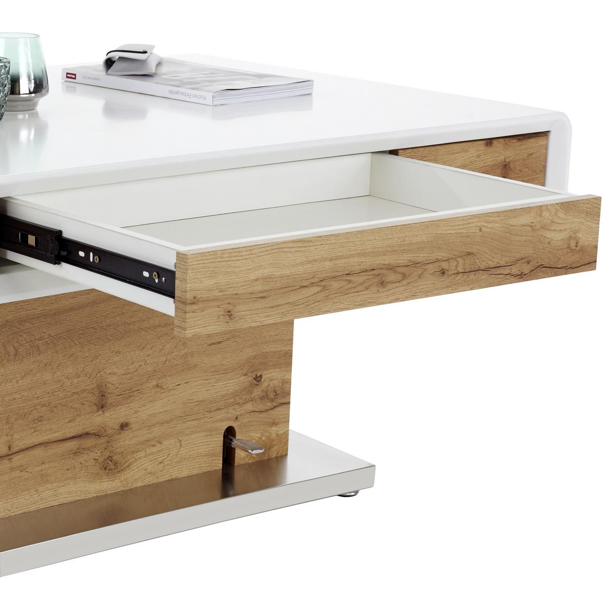 Couchtisch mit Lade Kopenhagen, Eiche Dekor/Weiß - Edelstahlfarben/Eichefarben, MODERN, Holzwerkstoff/Metall (130/49-78/70cm)