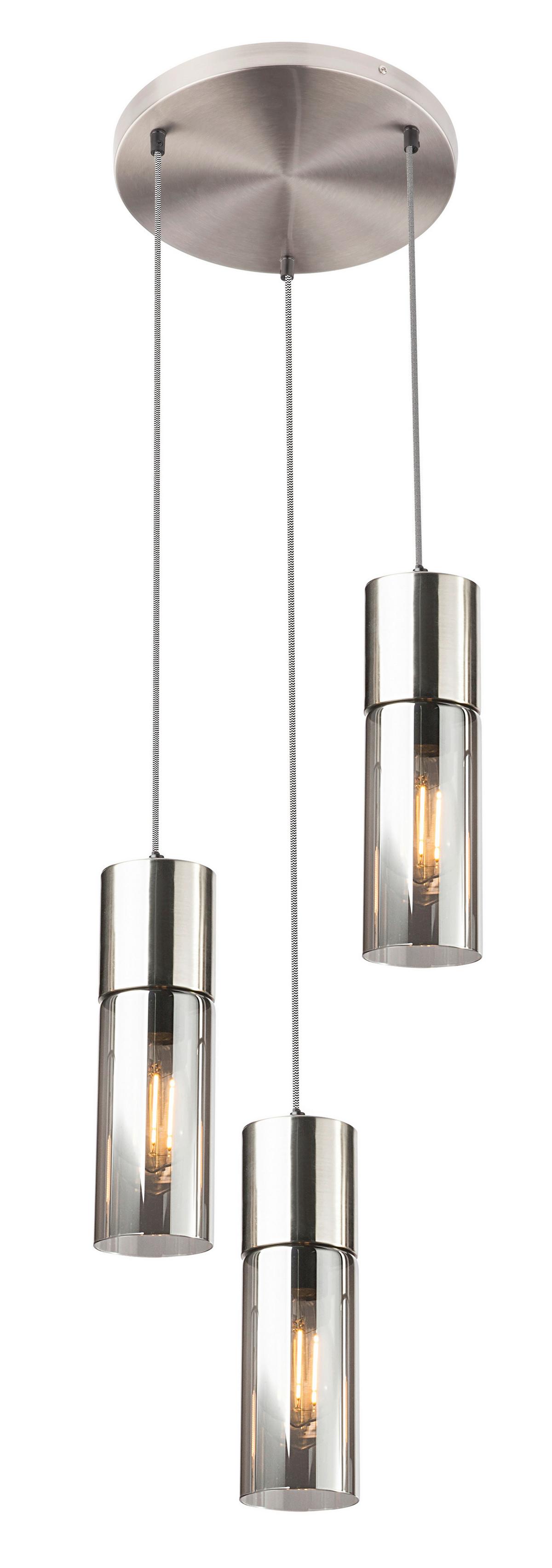 Hängeleuchte Annika H: 150 cm 3-Flammig mit Rauchglas - Nickelfarben, Design, Glas/Textil (30/150cm) - Globo