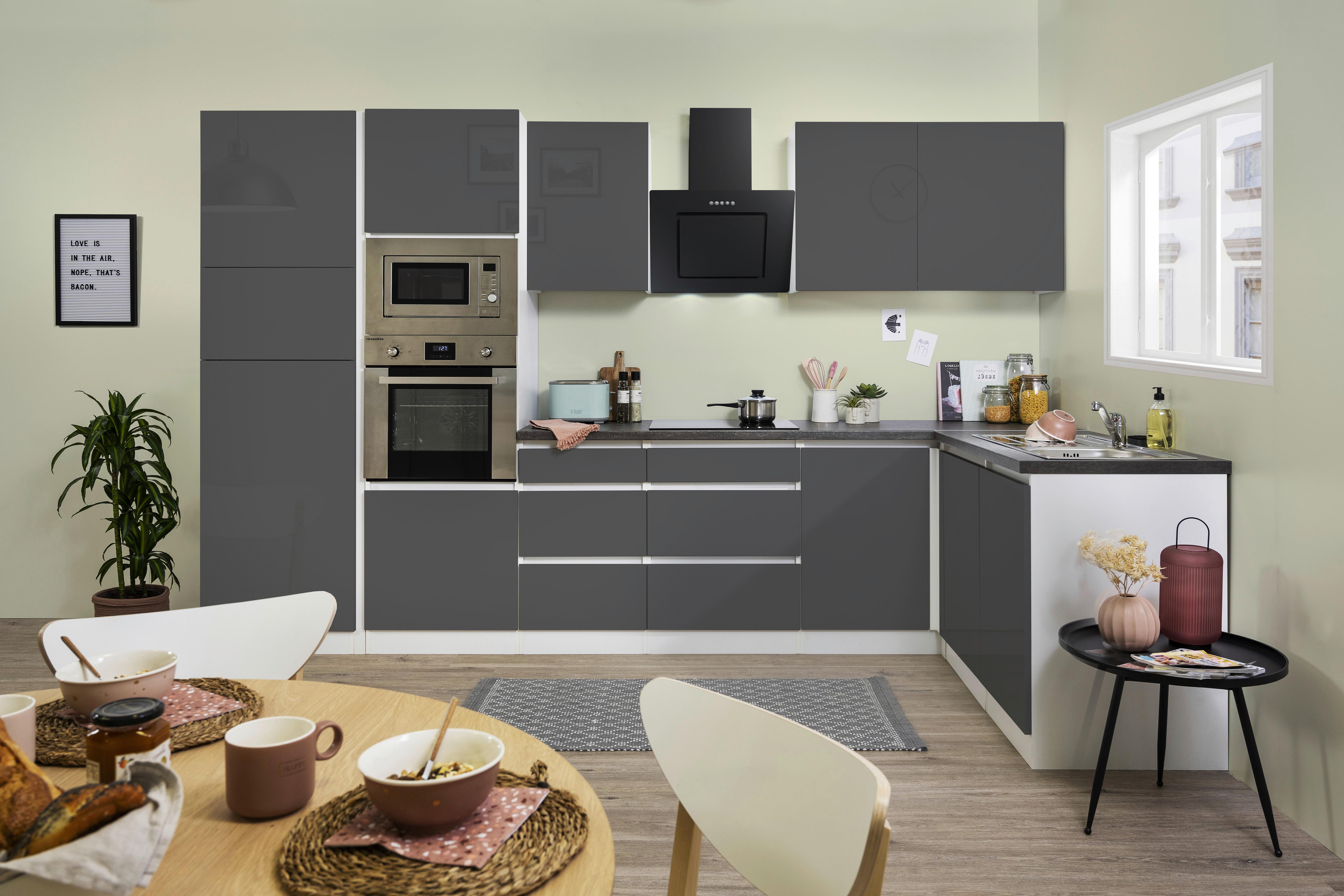 Küchenzeile Premium mit Geräten 345 cm Weiß/Grau Hochglanz - Weiß/Grau, MODERN, Holzwerkstoff (345/172cm) - Respekta