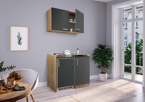 Miniküche mit Kühlschrank + Kochfeld 100 cm Grau - Edelstahlfarben/Eichefarben, MODERN, Holzwerkstoff/Metall (100cm) - Respekta
