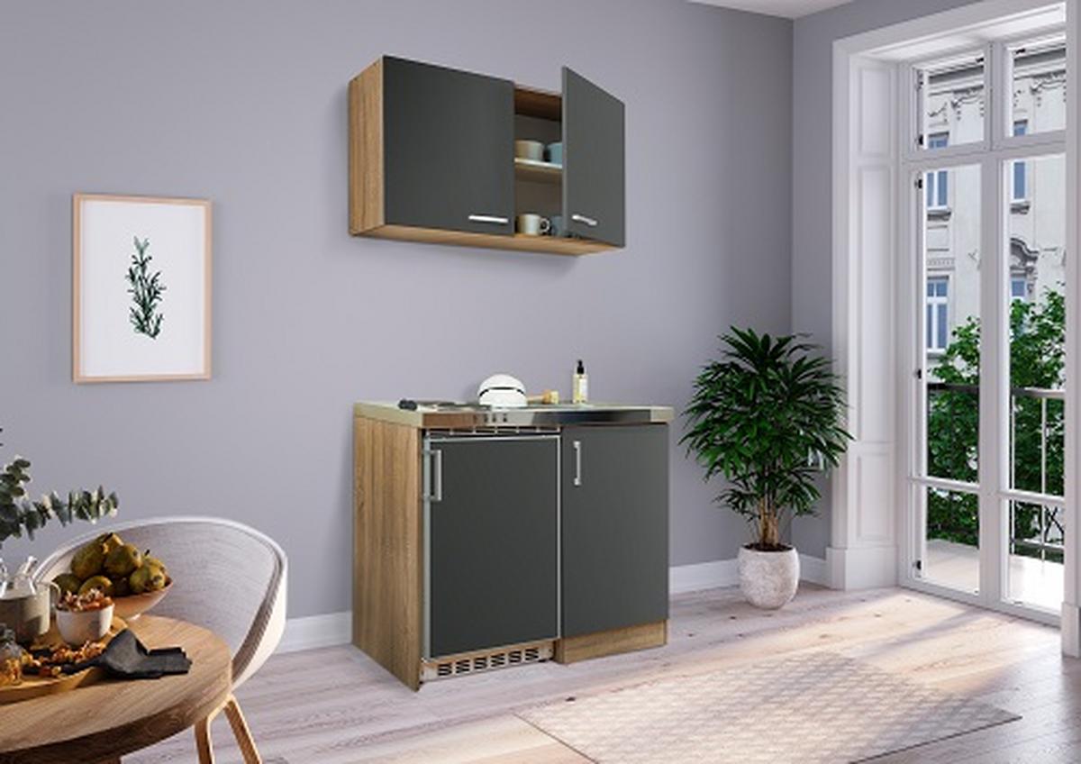 Miniküche mit Kühlschrank + Kochfeld 100 cm Grau - Edelstahlfarben/Eichefarben, MODERN, Holzwerkstoff/Metall (100cm) - Respekta