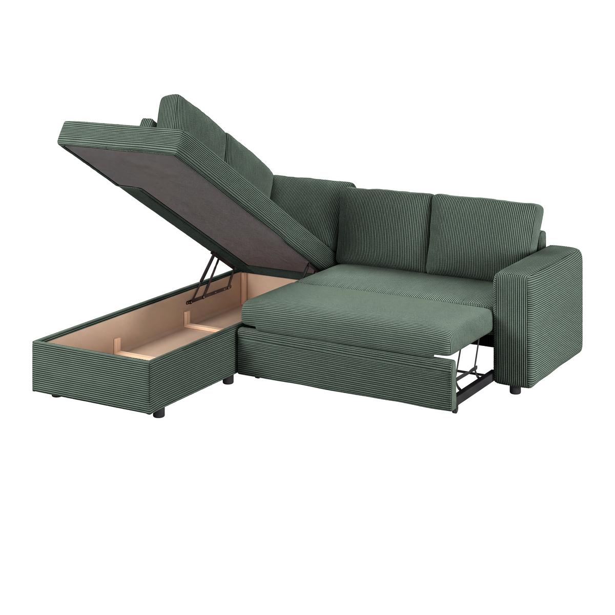 Ecksofa mit Schlaffunktion Toulouse Cord grün, 206x224cm - Schwarz/Grün, Trend, Holz/Textil (206/224cm)