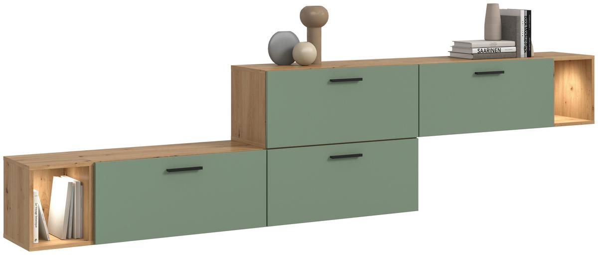 Wohnwand, The ONE 4, B: 276 cm Olivgrün/Artisan Eiche Dekor - Schwarz/Weiß, Trend, Holzwerkstoff (276/97/34cm)