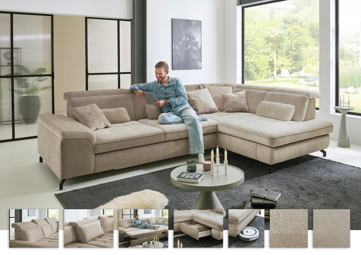 Rohová sedačka MIMA, pravá, sv.hnedá ženilka, s funkciami - svetlohnedá/čierna, Modern, kov/textil (318/220cm)