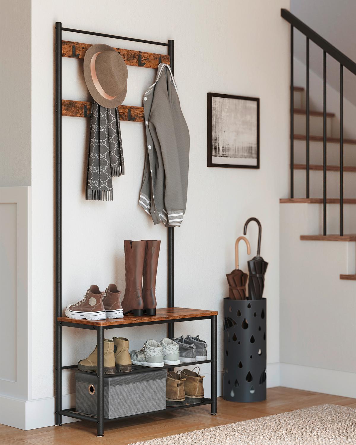 Garderobenständer Mit Sitzfläche, B: 70cm, H: 175 Cm - Schwarz/Braun, Trend, Holzwerkstoff/Metall (70/175/32cm) - Boxxx