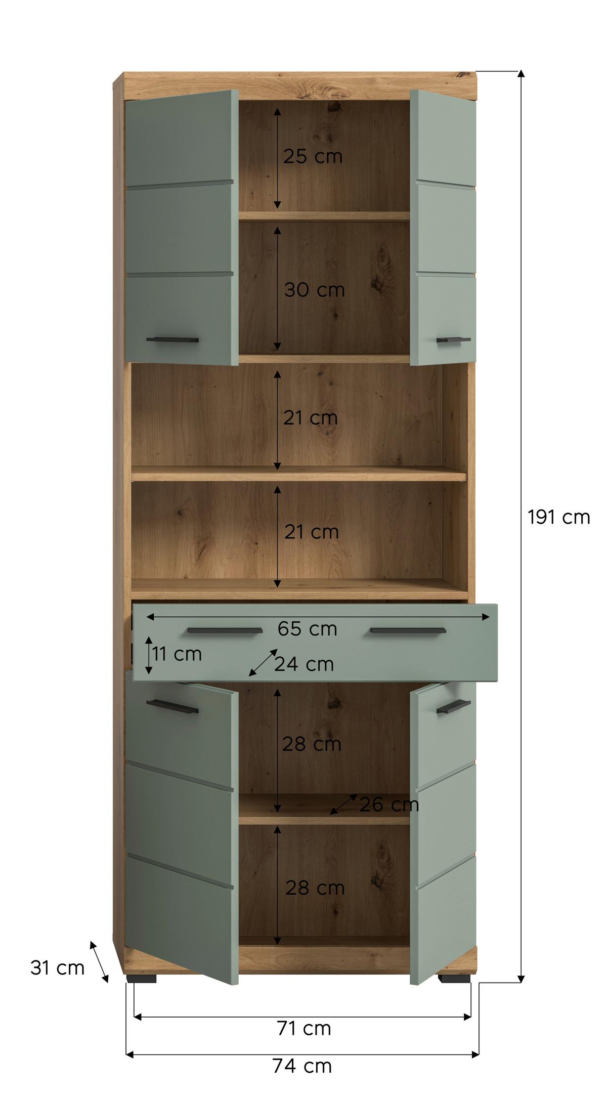 Hochschrank Scout Salbeigrün B: 74 cm - Salbeigrün/Schwarz, MODERN, Holzwerkstoff (74/191/31cm) - MID.YOU