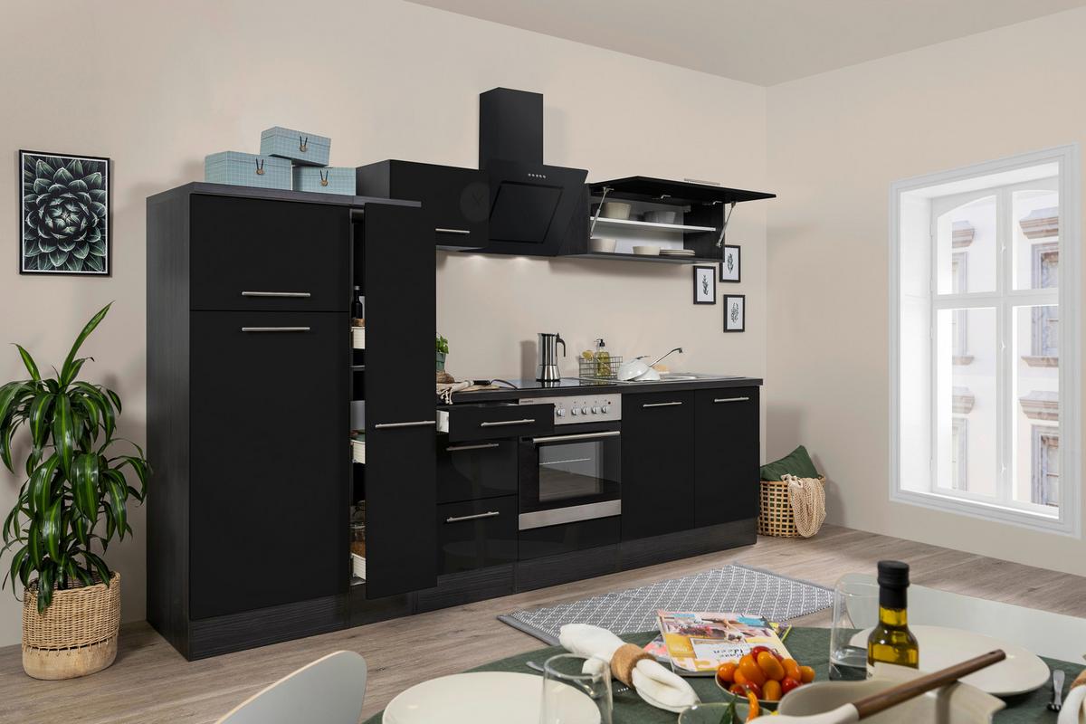 Küchenzeile mit Geräten 300 cm Schwarz Hochglanz - Eichefarben/Schwarz, Basics, Holzwerkstoff (300cm) - Respekta