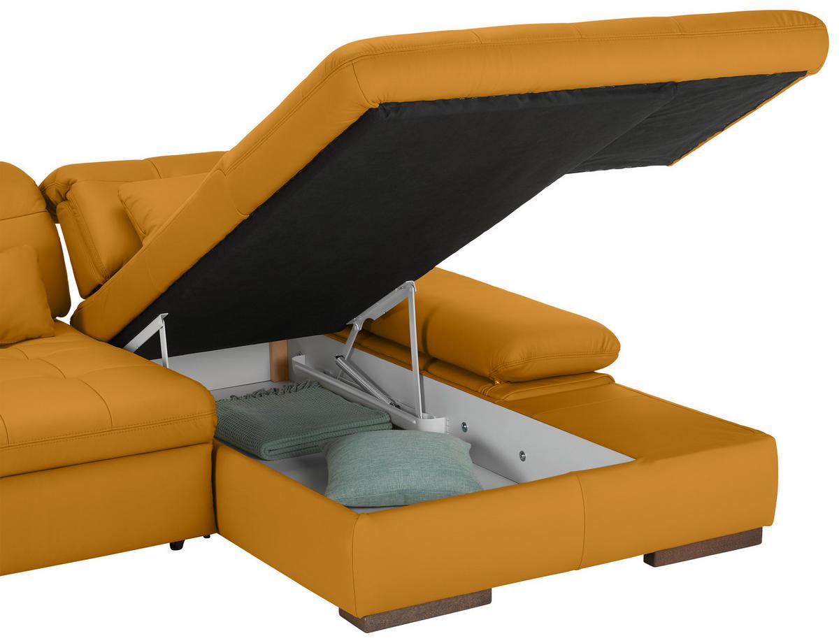 Rohová sedačka SANFINO, pravá, žlutá pravá kůže - barvy chromu/žlutá, Konvenční, kov/kůže (305/199cm) - Premium Living