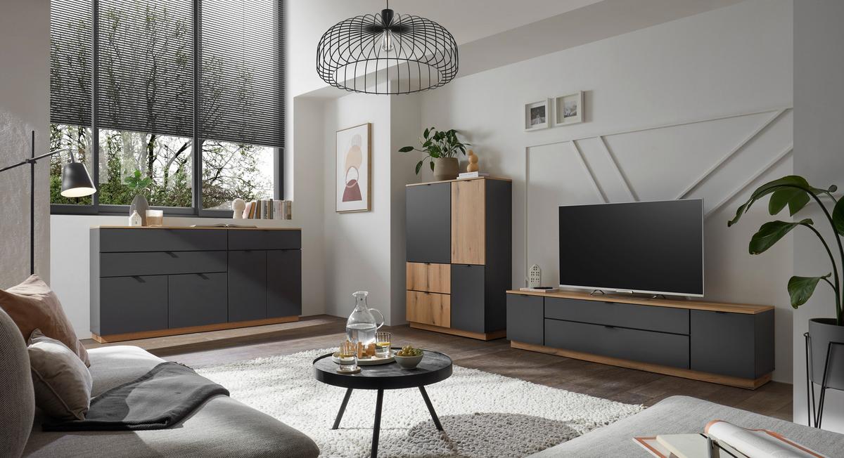 TV-Lowboard Vince II B: 185 cm Anthrazit/Evoke Oak Dekor - Eichefarben/Anthrazit, Trend, Holzwerkstoff (185/47/38cm) - Livetastic