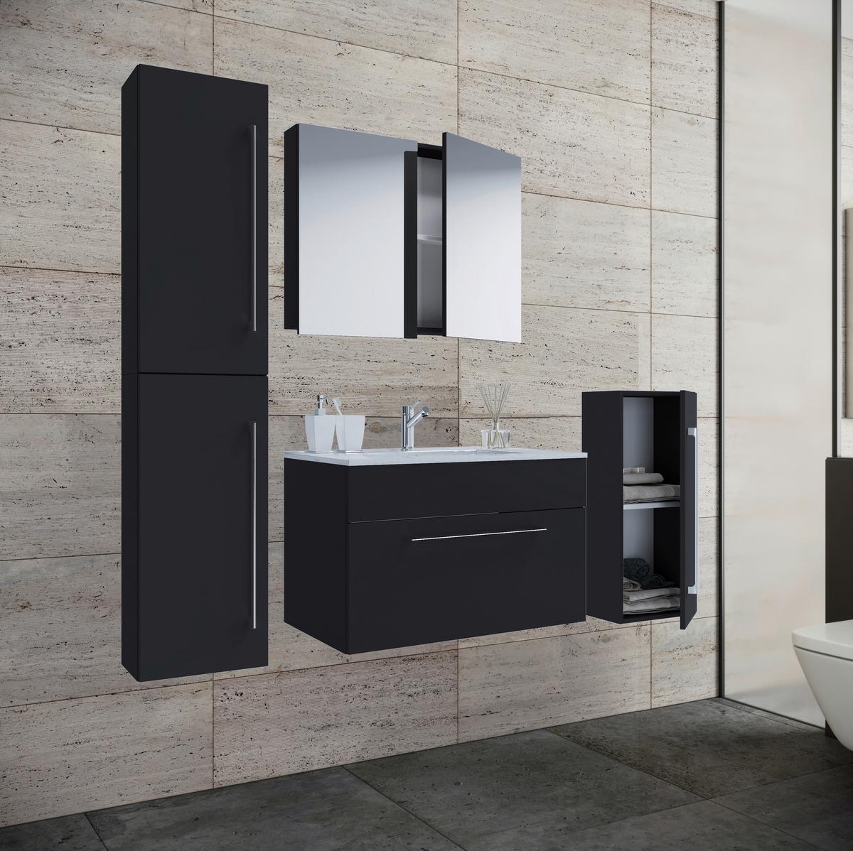 Badezimmer Badinos 5-Teilig Schwarz B: 146 cm - Schwarz/Weiß, MODERN, Keramik/Holzwerkstoff (126cm) - MID.YOU