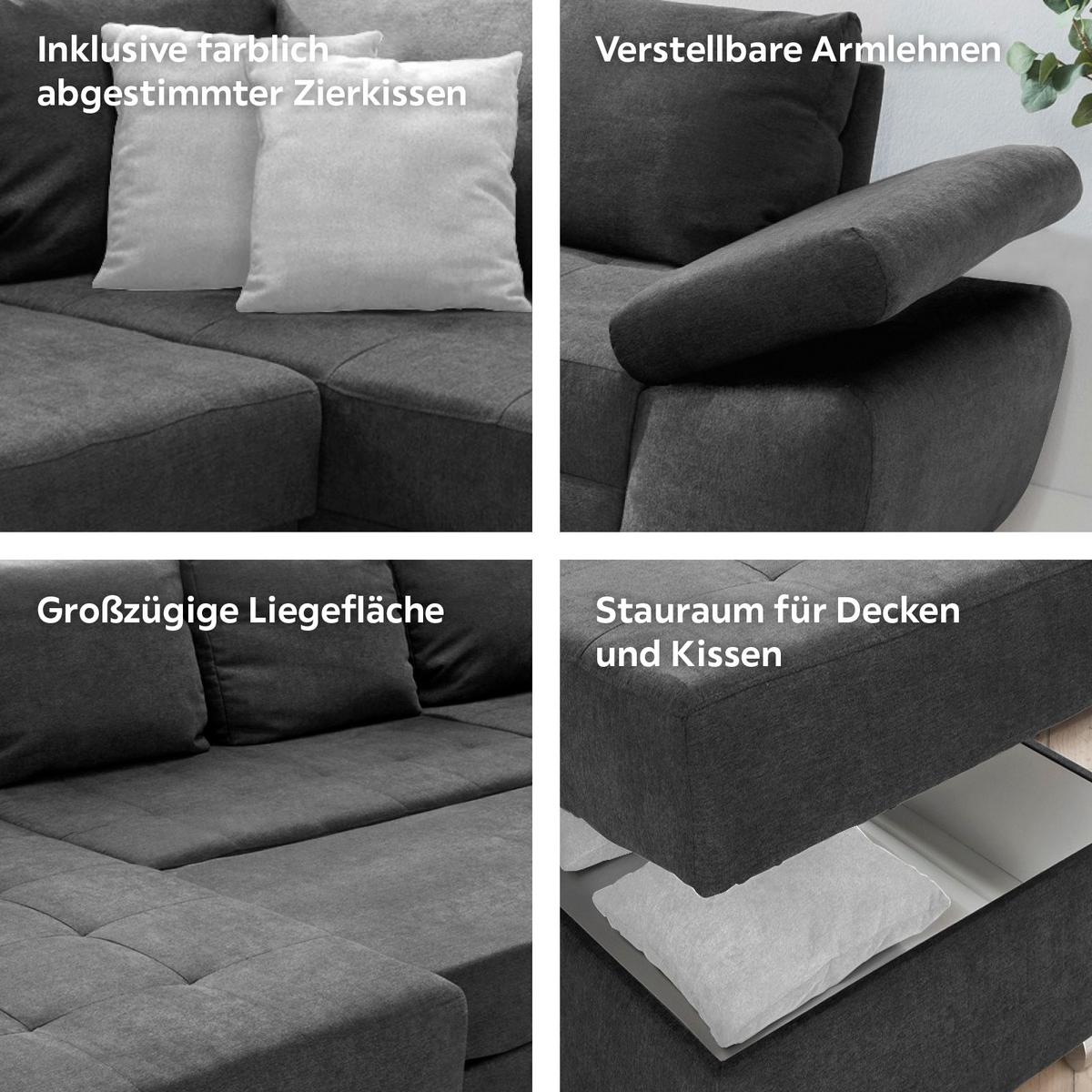 Wohnlandschaft Terana Mit Schlaffunktion, Anthrazit - Chromfarben/Anthrazit, KONVENTIONELL, Textil (157/305/219cm) - Livetastic