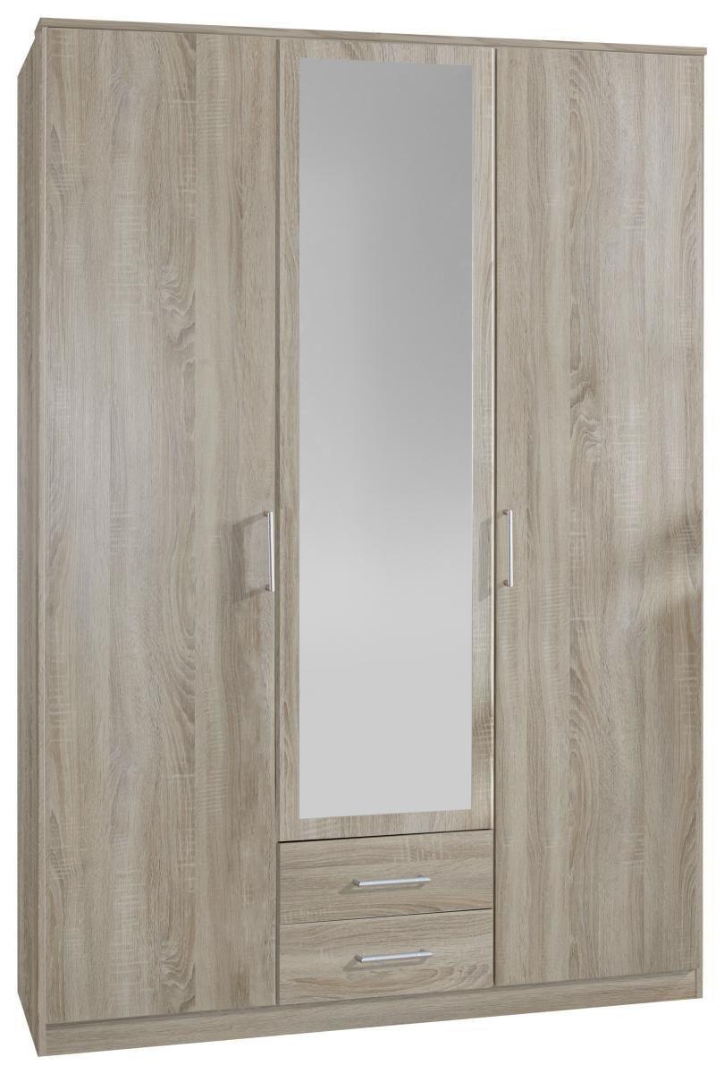 Drehtürenschrank Mit Spiegel Laden 135cm Osaka, Eiche Dekor - Eichefarben, KONVENTIONELL, Glas/Holzwerkstoff (135/199,5/58cm) - MID.YOU