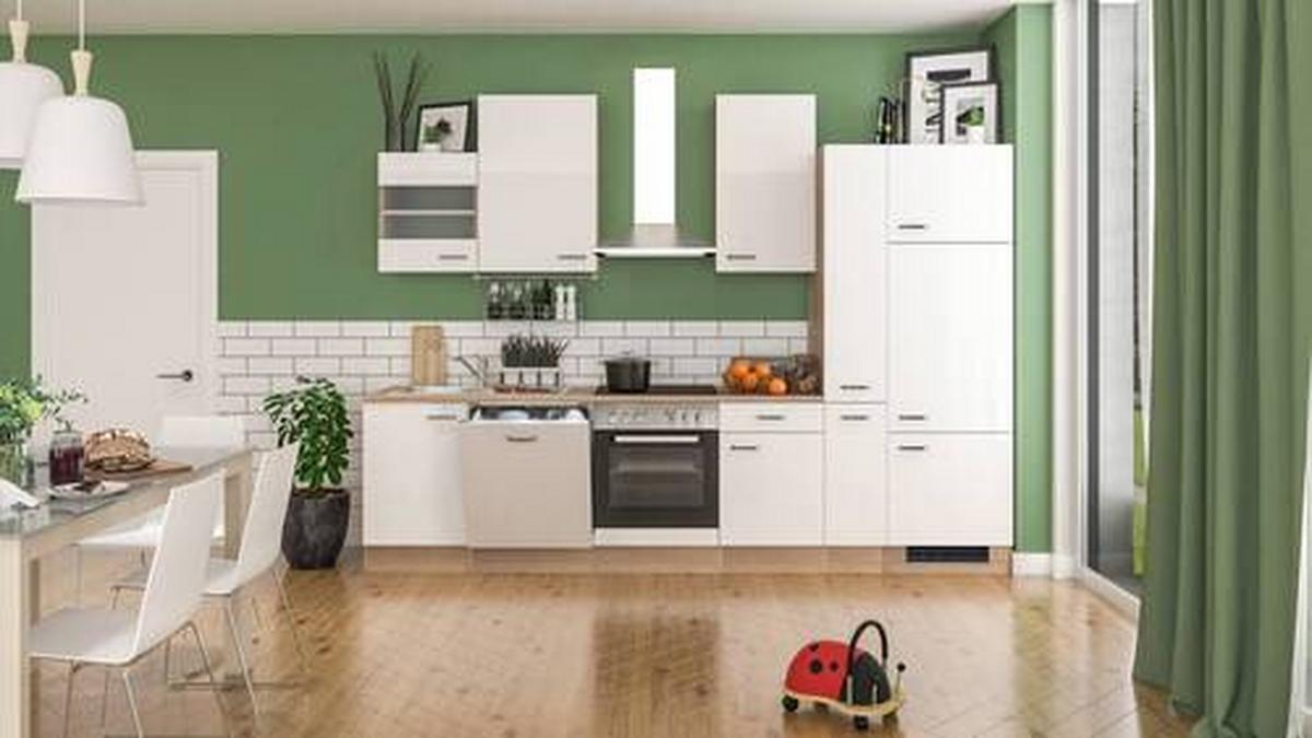 Küchenblock Valero Sonoma Eiche/Weiß B: 310 cm - Weiß Hochglanz/Sonoma Eiche, MODERN, Holzwerkstoff (310cm) - FlexWell