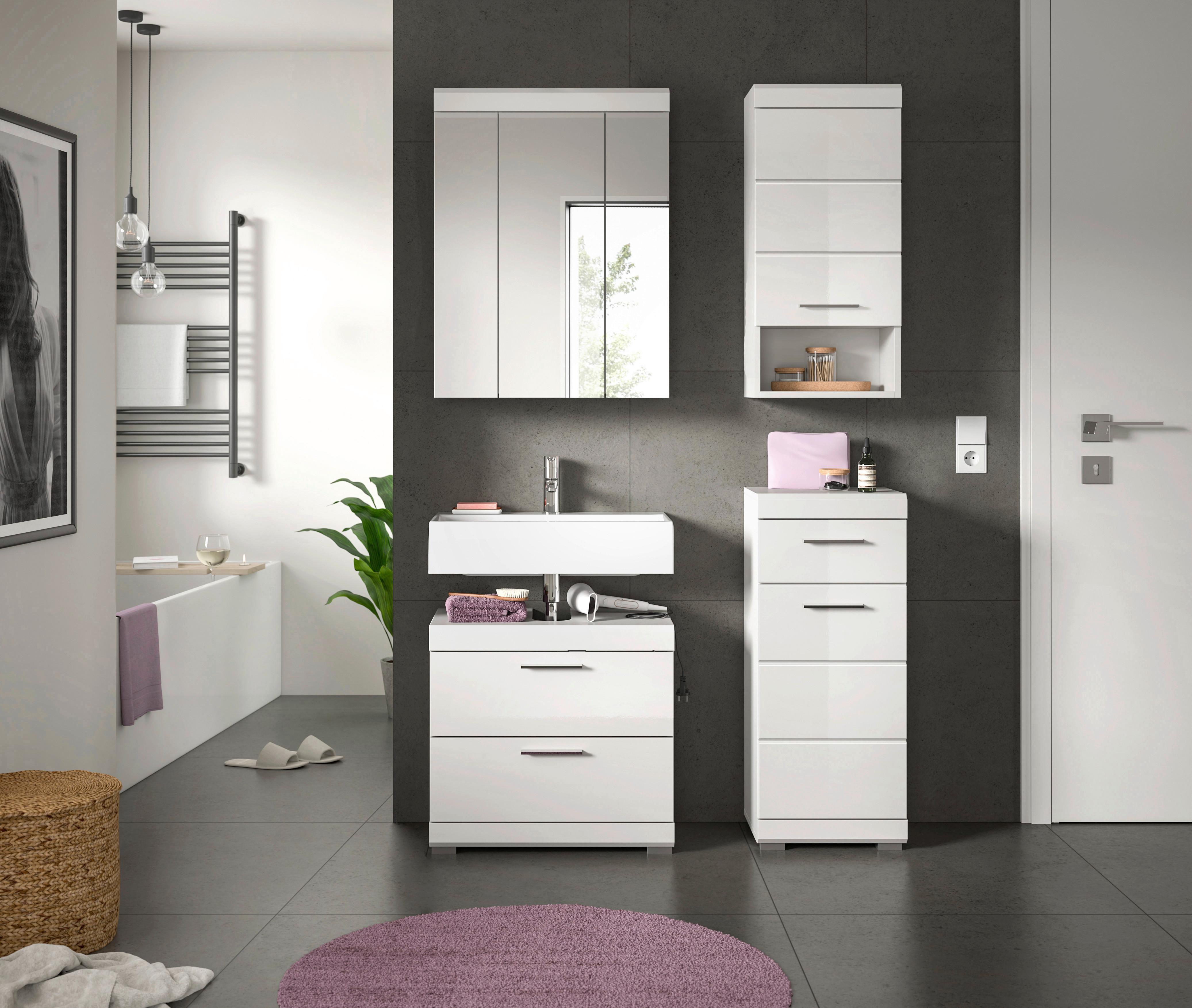 Badezimmer Scout Weiß B: 97 cm - Weiß Hochglanz/Silberfarben, MODERN, Glas/Holzwerkstoff (97cm) - MID.YOU