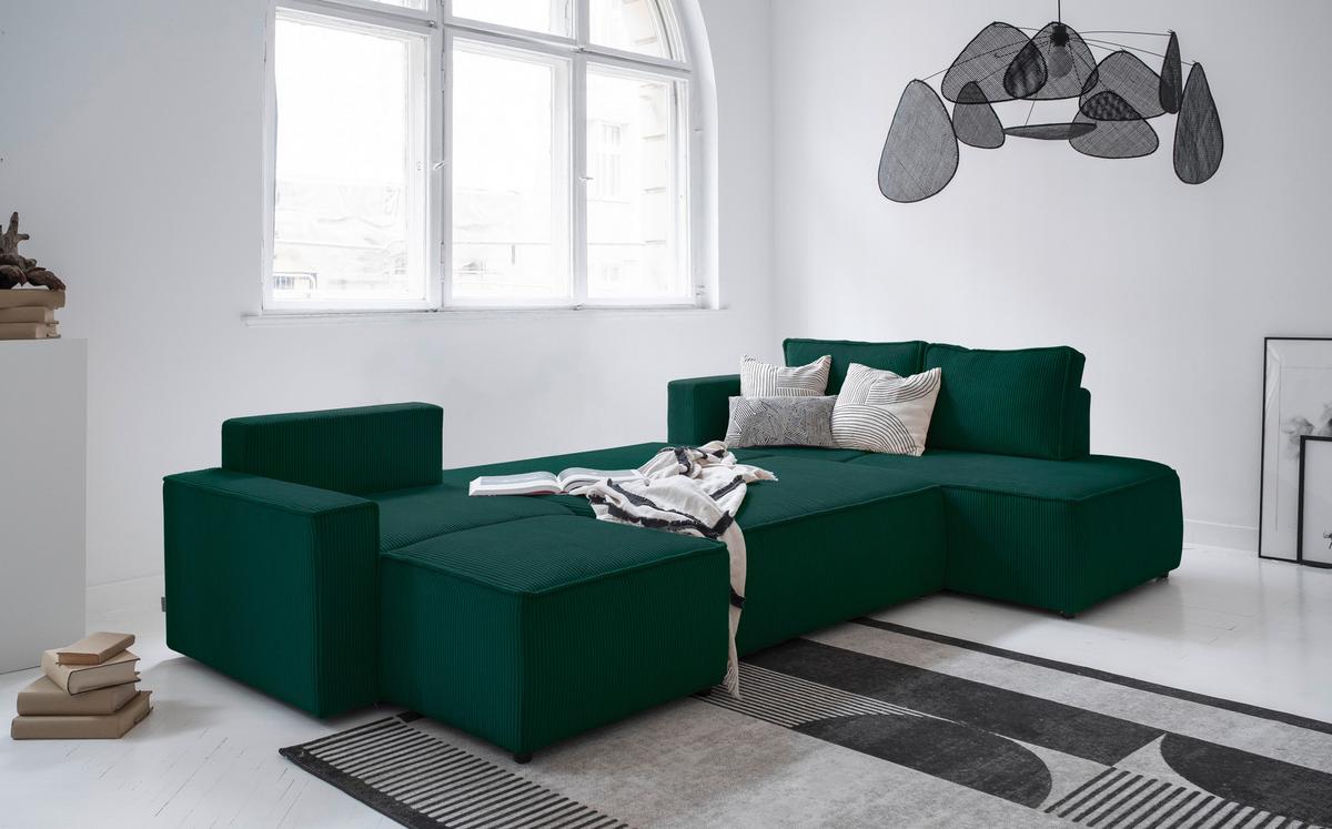 Rohová sedacia súprava OLIVER, tmavozelená, menčester, pravá - čierna/tmavozelená, Design, textil/plast (156/322/194cm) - MID.YOU
