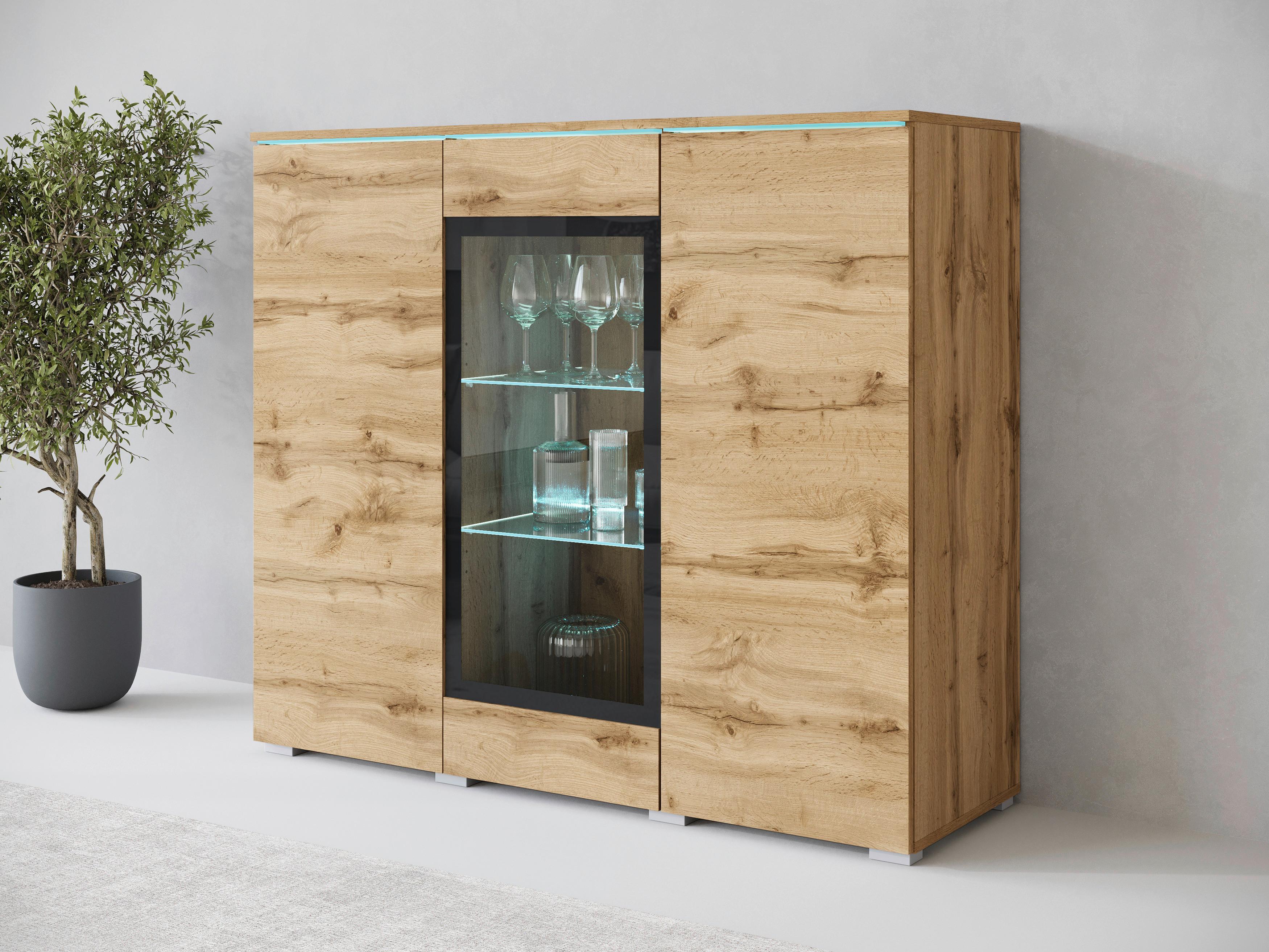 Highboard Vera Wotan Eiche Dekor B: 120 Cm - Eiche Wotan/Grau, Trend, Glas/Holzwerkstoff (120/102,3/39,5cm) - P & B