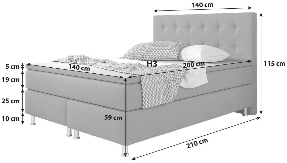 Boxspringbett Mit Topper 140x200 Cm Köln - Silberfarben/Schwarz, KONVENTIONELL, Textil (140/115/210cm) - MID.YOU