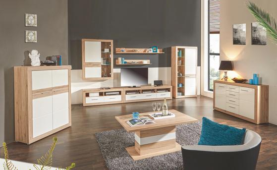 Wohnwand mit Vitrinen, TV-Element und Wandboard Wohnwand in Holzoptik und Weiß