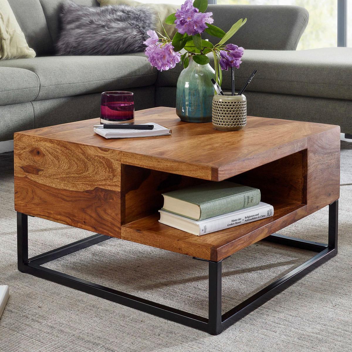Couchtisch Wohnling Sheesham B: 60 cm - Sheeshamfarben/Schwarz, MODERN, Holz/Metall (60/60/34,5cm) - MID.YOU