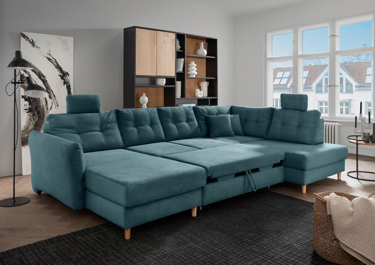 Wohnlandschaft Brizzini Mit Schlaffunktion, Petrol - Petrol/Naturfarben, MODERN, Textil (176/338-352/206cm) - Livetastic