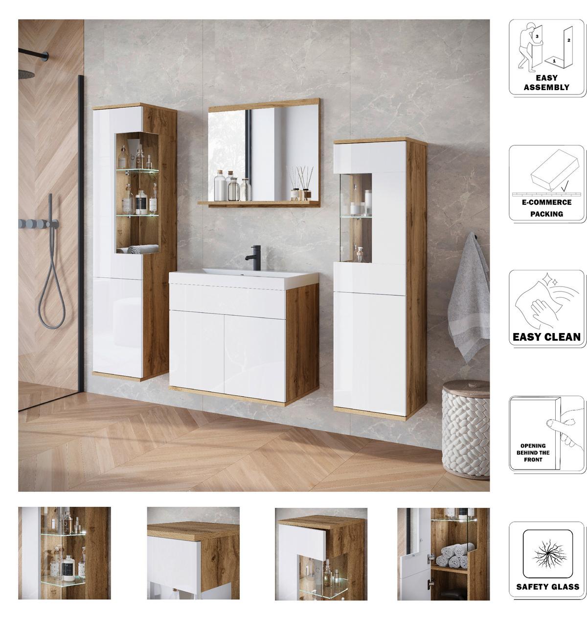 Badezimmer Narobi Eiche Wotan/Weiß B: 120,4 cm - Weiß Hochglanz/Eiche Wotan, Trend, Glas/Keramik (120,4cm) - P & B