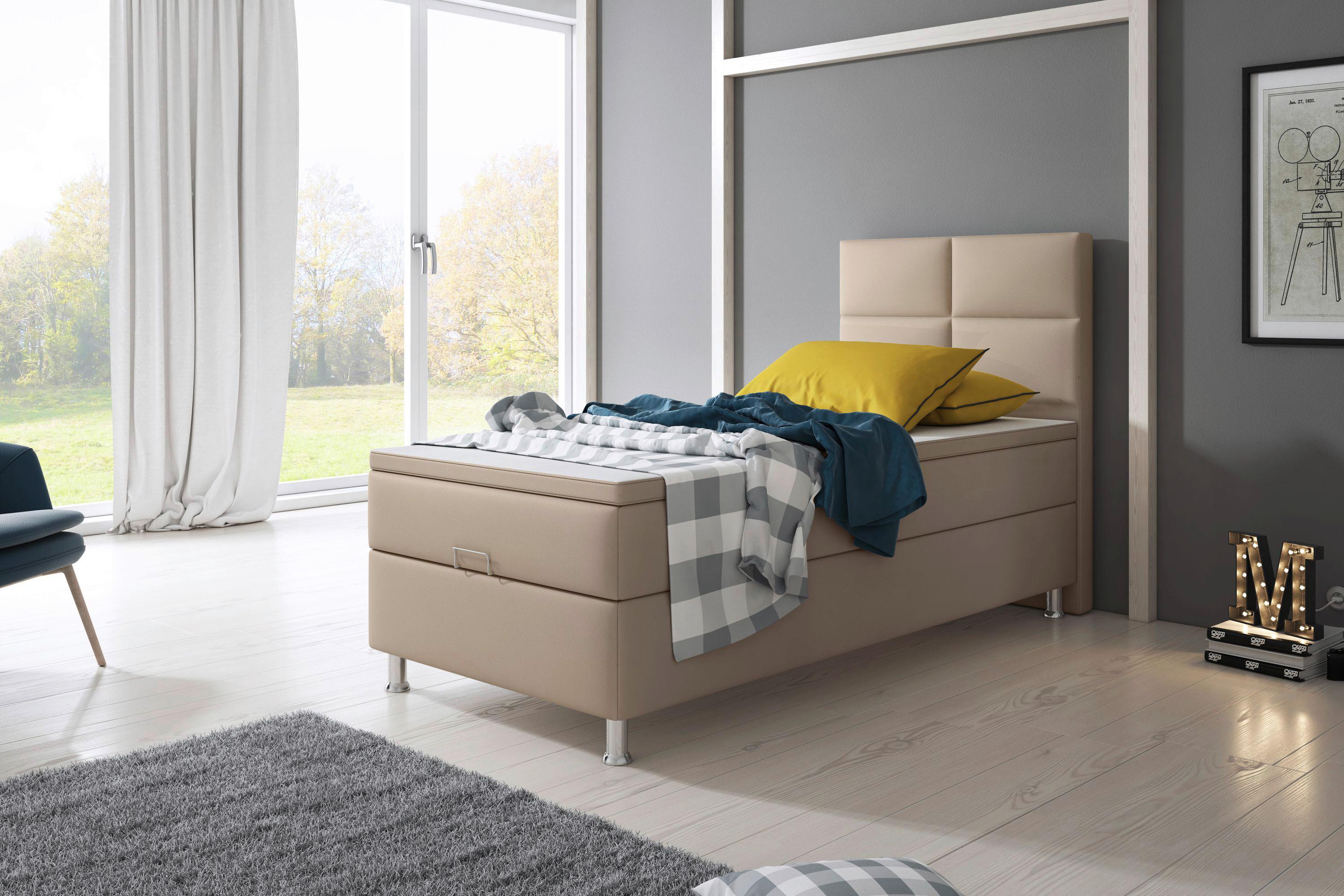 Boxspringbett Mit Topper 90x200 Cm Miami-Bk - Silberfarben/Cappuccino, KONVENTIONELL, Leder/Textil (90/115/210cm) - MID.YOU