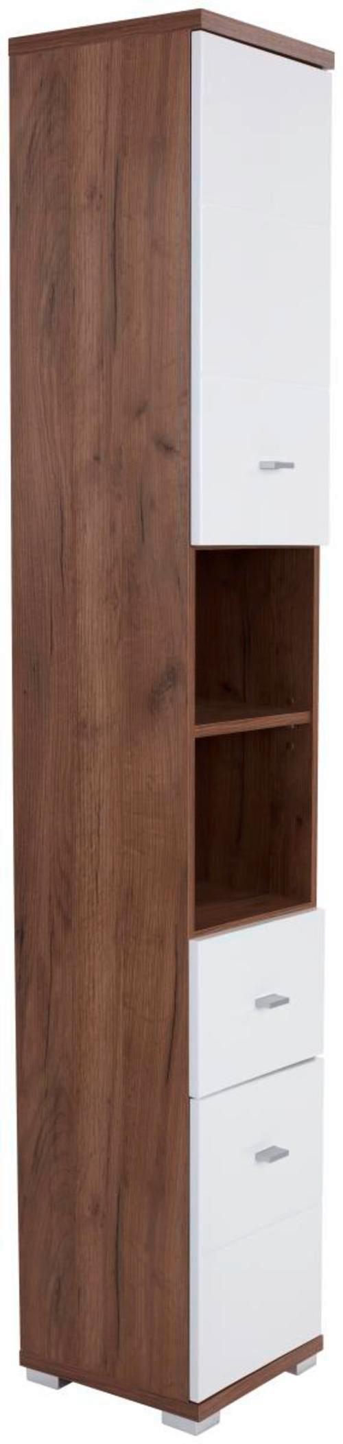 Hochschrank Bari B: 35,5cm, Weiß + Eiche Dekor - Eichefarben/Alufarben, KONVENTIONELL, Holzwerkstoff (35,5/190/31,5cm)