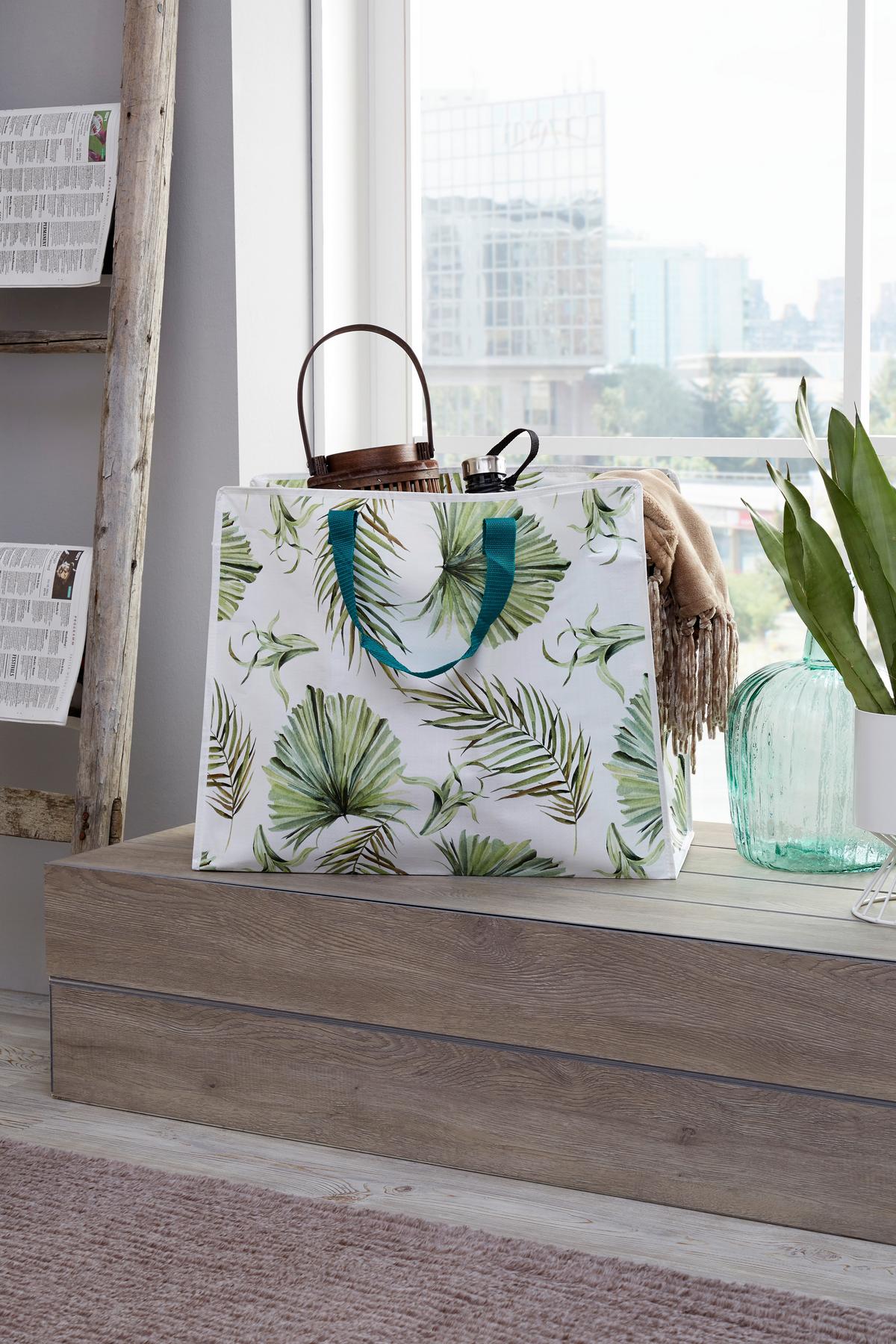 Einkaufstasche Faltbar Palme Weiß/Grün - Weiß/Grün, Basics, Kunststoff (58/48/29,5cm)