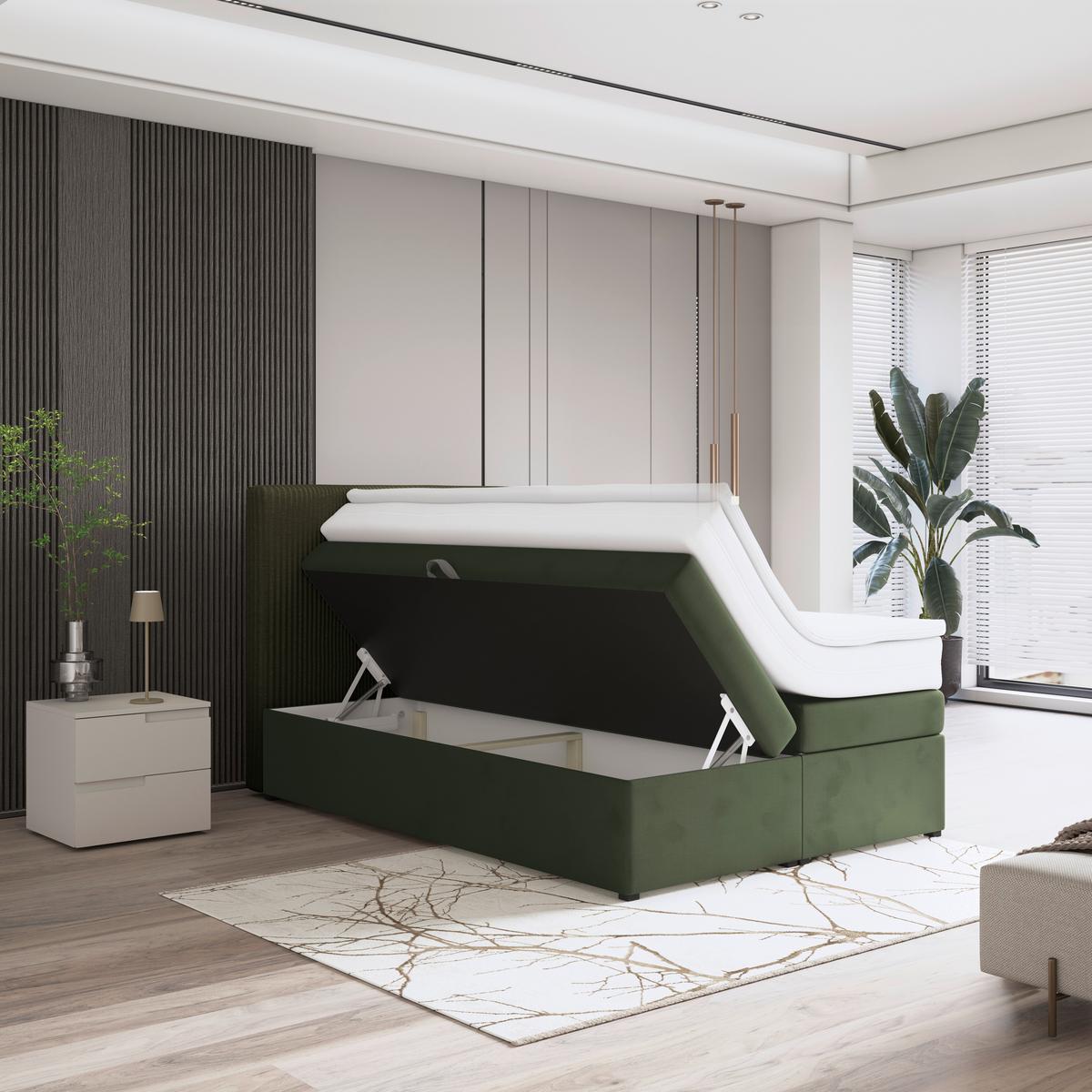 Boxspringbett mit Topper & Bettkasten 140x200 Rossa - Schwarz/Grün, MODERN, Holzwerkstoff/Textil (140/200cm)