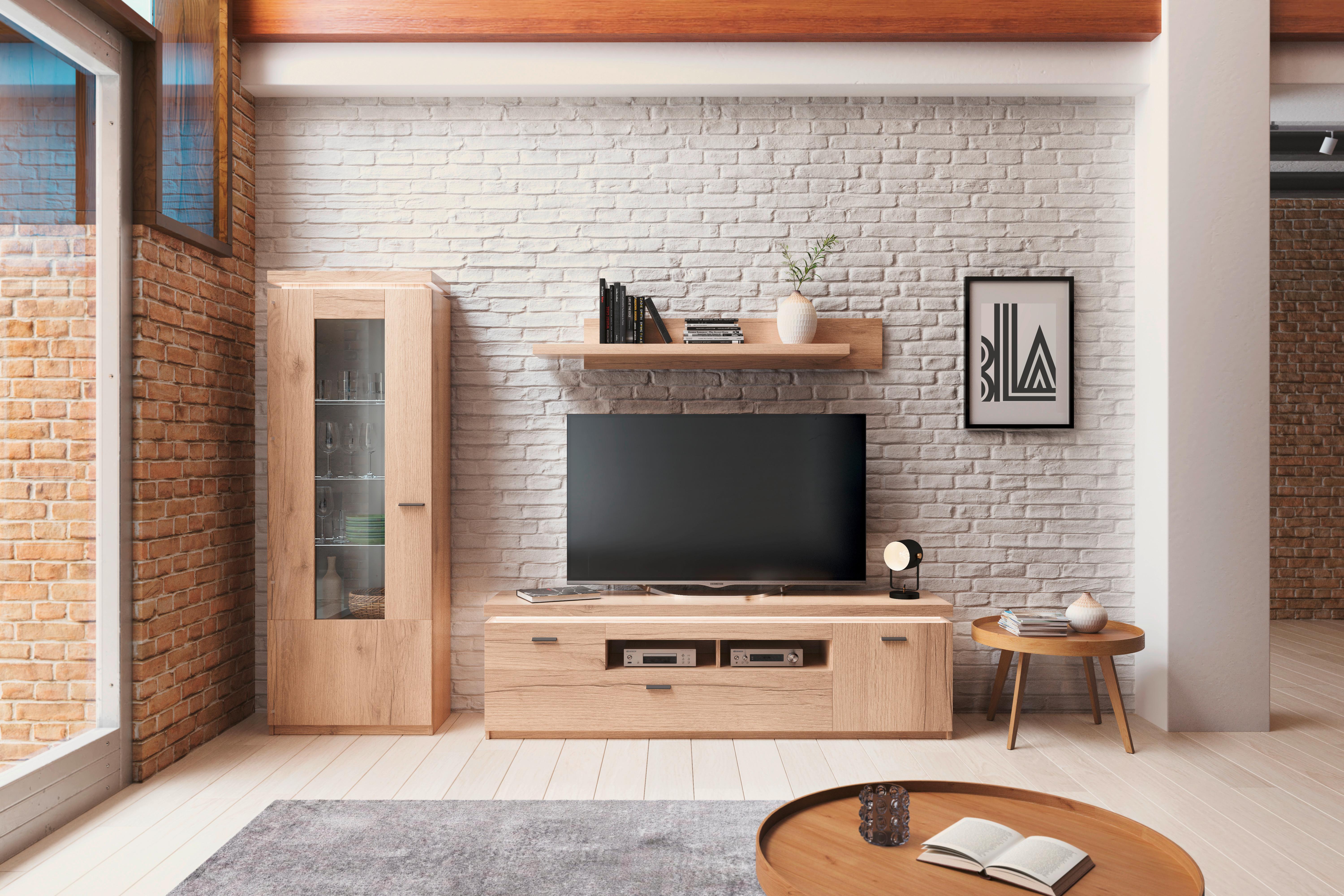 Wohnkombination Modern 3 -teilig. Mit Led Vancouver, Eiche Dekor - Eichefarben, MODERN, Glas/Holzwerkstoff (266/198/44cm)