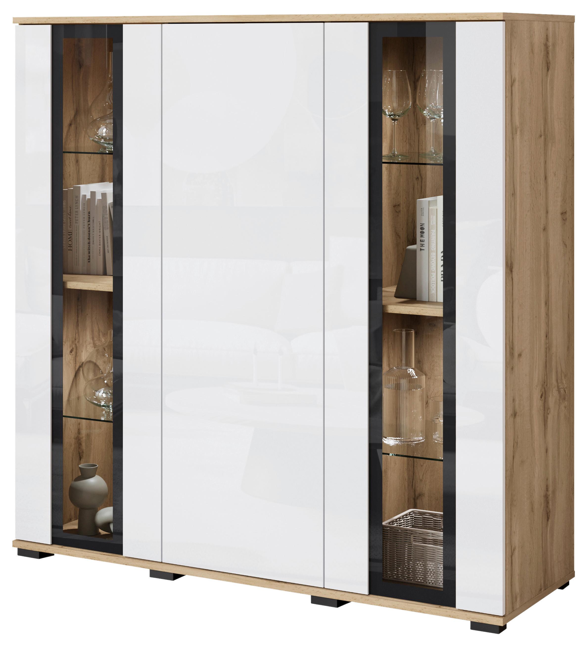 Kommode Caro Eiche Wotan/Weiß Hg B: 120 cm - Weiß Hochglanz/Eiche Wotan, Design, Glas/Holzwerkstoff (120/121,9/39,5cm) - Livetastic
