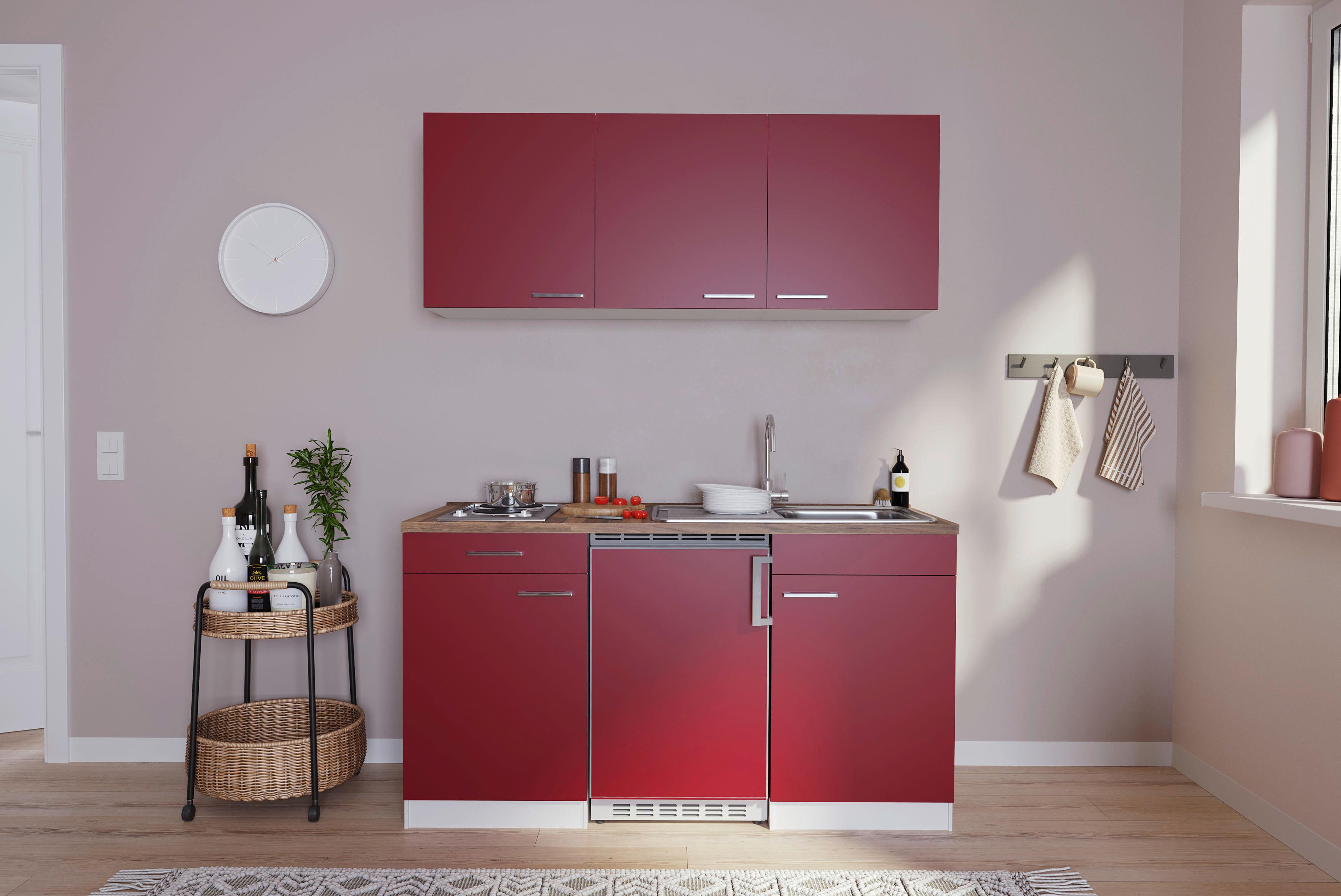 Miniküche Economy mit Geräten 150 cm Rot/ Nussbaum Dekor - Rot/Nussbaumfarben, Basics, Holzwerkstoff (150cm) - Respekta