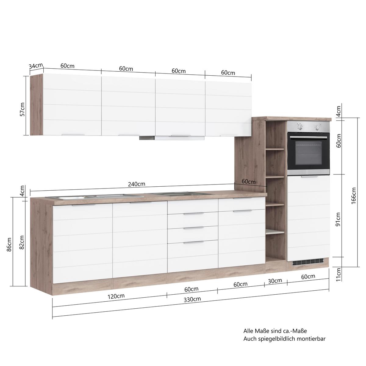 Küchenzeile Florenz mit Geräten 330 cm Grau/Eichefarben - Eiche Wotan/Grau, Design, Holzwerkstoff (330cm) - Held