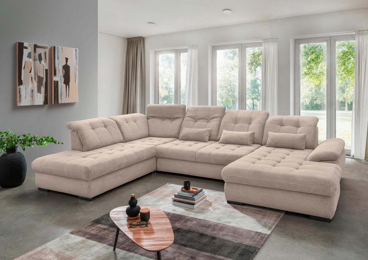 Wohnlandschaft mit Bettkasten Rigatti Beige B: 387 cm - Beige/Schwarz, MODERN, Textil (252/387/184cm) - Livetastic