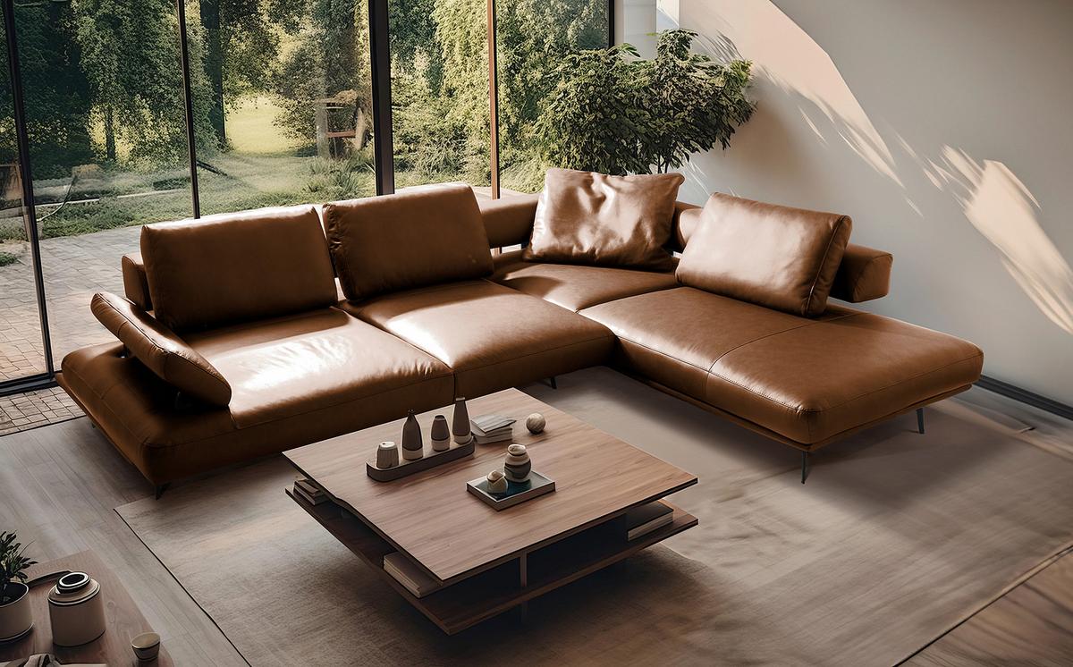 Ecksofa Como Echtleder Cognac 306x237 - Cognac/Schwarz, Design, Leder (306/237cm) - Livetastic