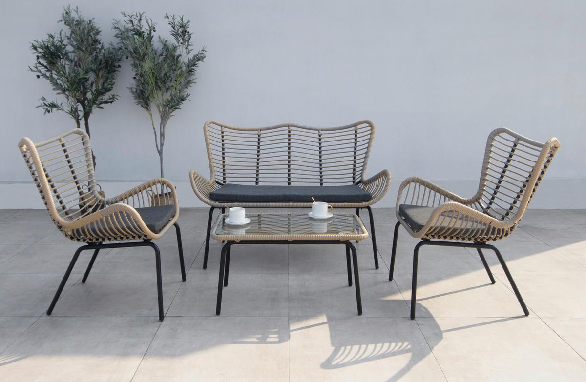 Loungegarnitur 4-Tlg Korfu Aus Glas/Metall mit Kissen - Dunkelgrau/Schwarz, Basics, Glas/Textil (122/86,5/69cm) - Acamp