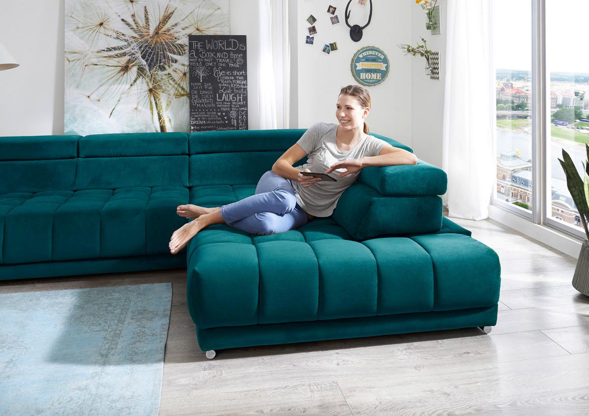 Sedací souprava IBA, pravá, tyrkysová, s funkcemi - barvy chromu/tyrkysová, Lifestyle, textil (323/222cm) - Premium Living