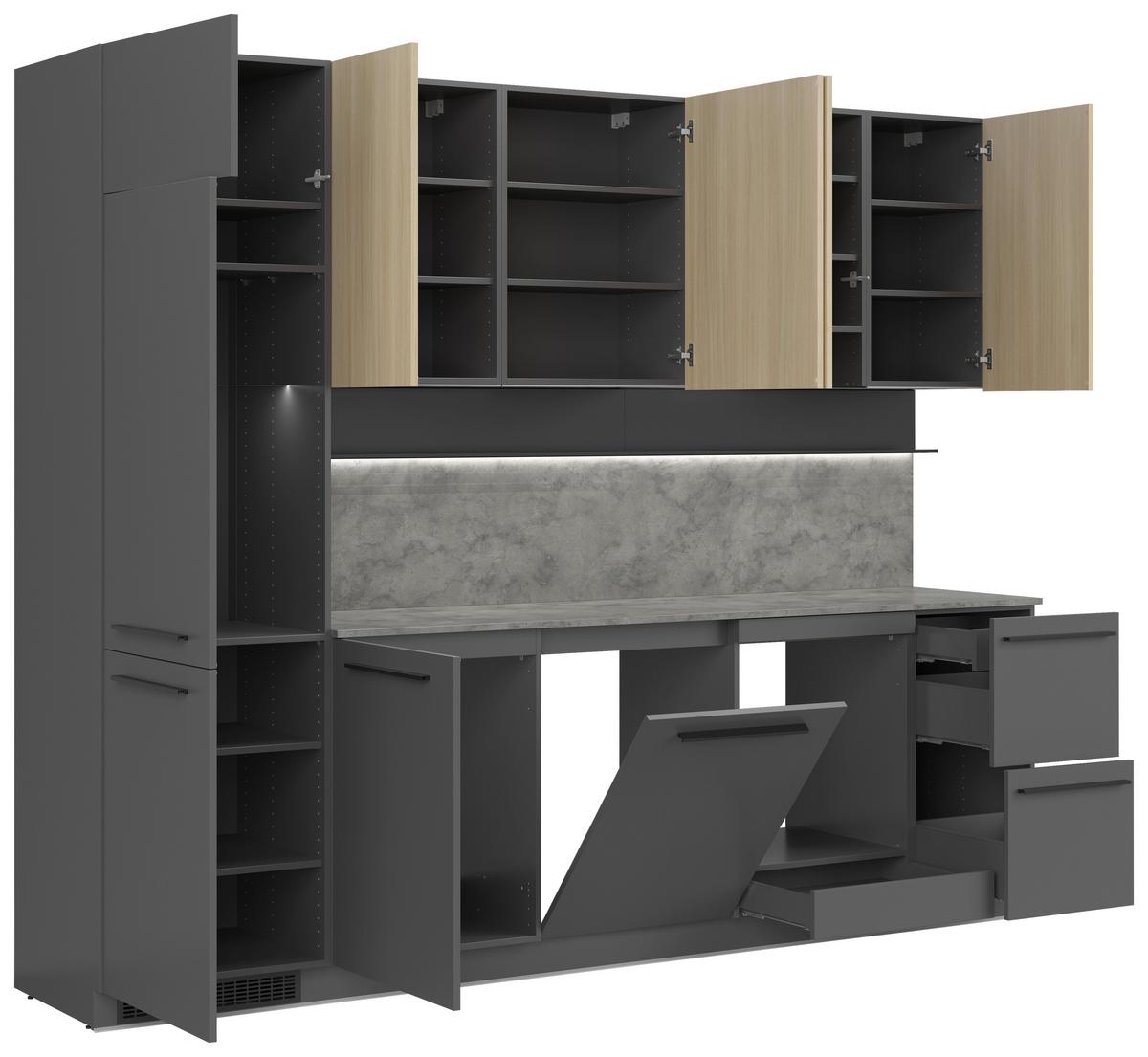 Kuchynská linka MILINO MEDIUM vrát.obkladu a LED regálu - čierna/sivá, Basics, kompozitné drevo/plast (285cm) - Visiona