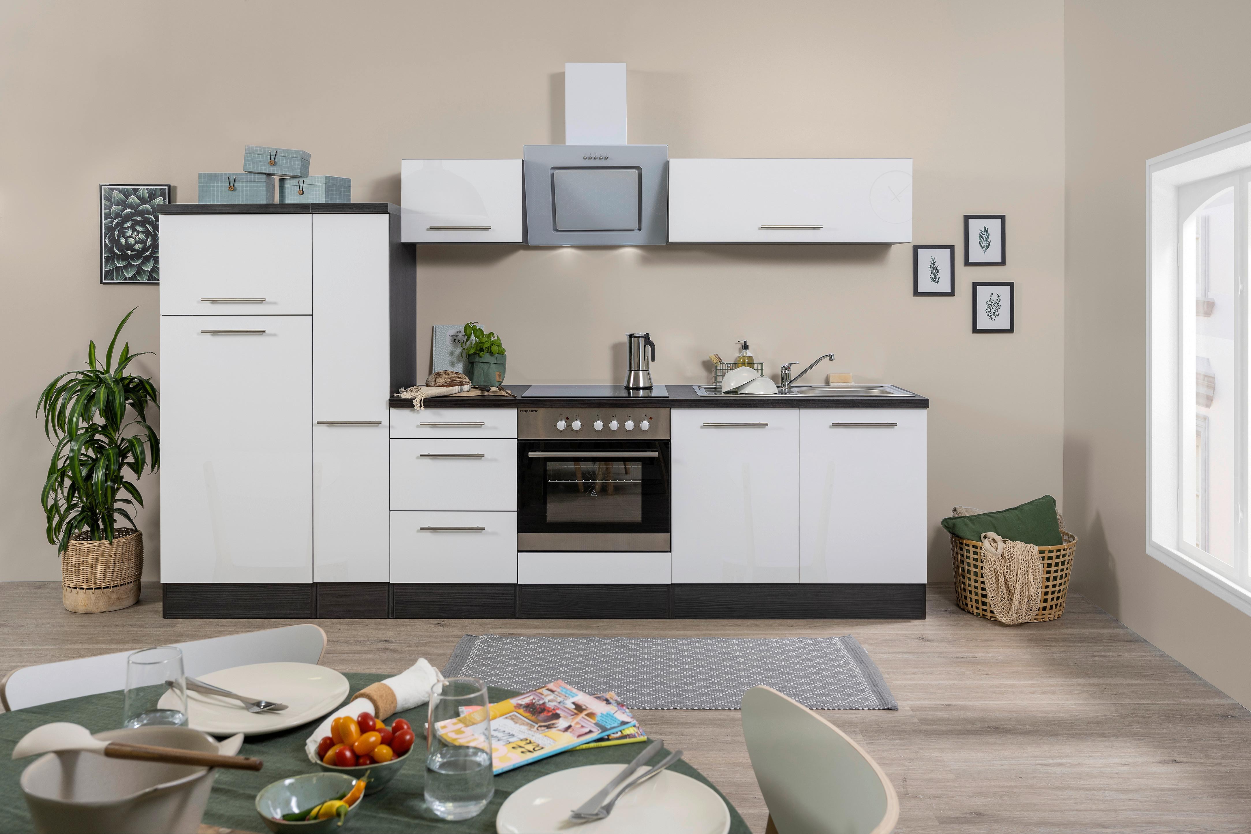 Küchenzeile mit Geräten 300 cm Weiß/Grau - Eichefarben/Weiß, Basics, Holzwerkstoff (300cm) - Respekta
