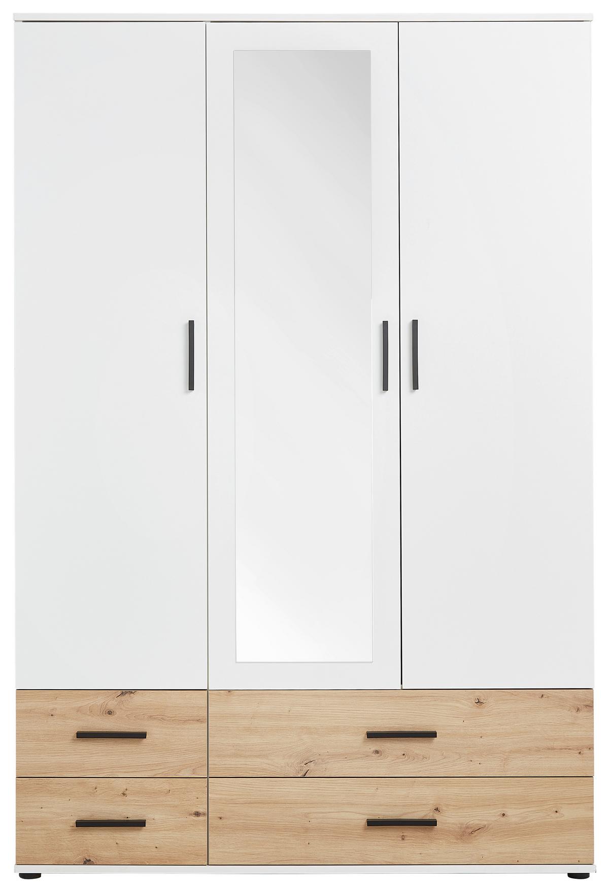 Šatní skříň se zrcadlem a zásuvkami Rasant, bílá/dub - bílá/černá, Konvenční, kompozitní dřevo/plast (127/188/52cm) - Mömax