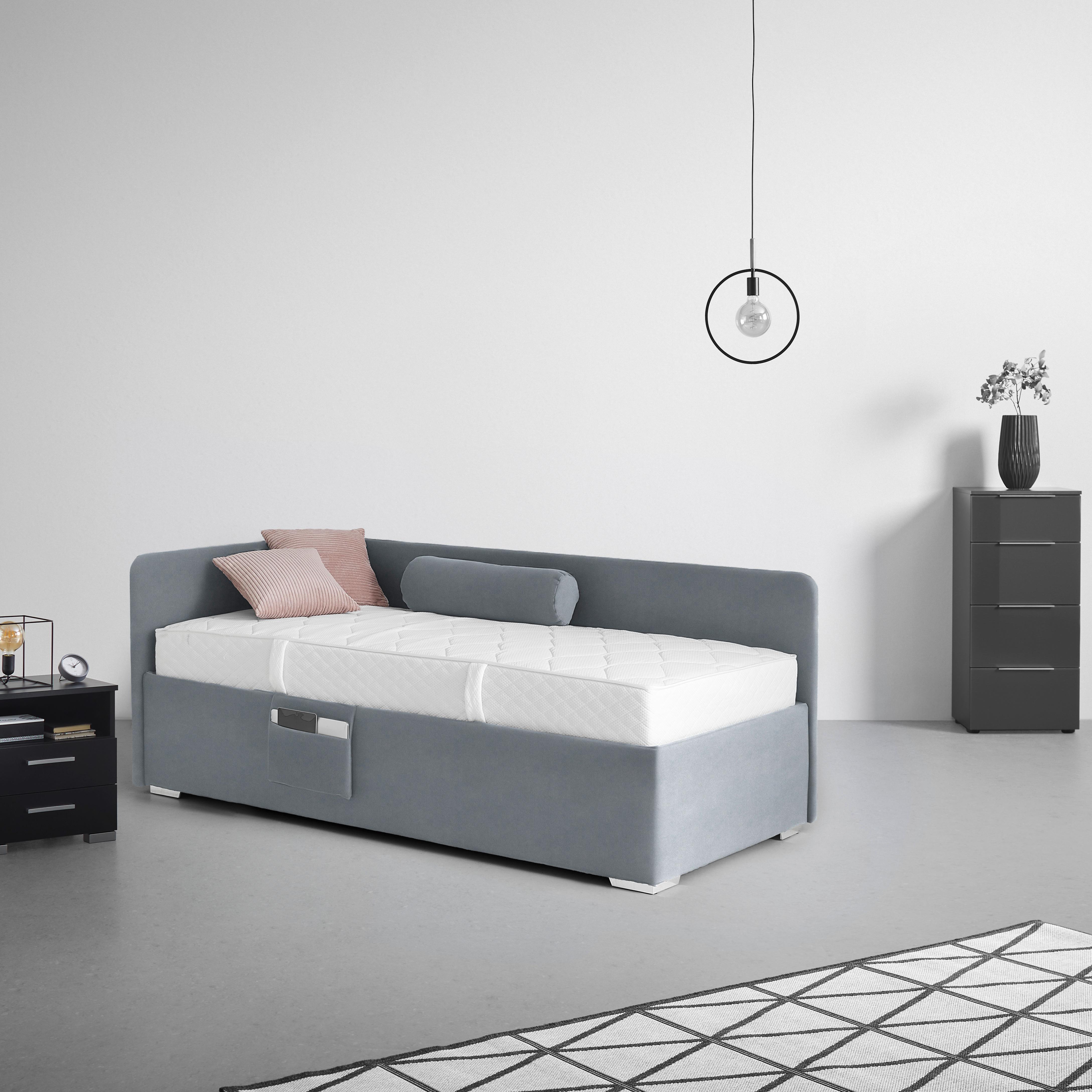 Posteľ Remi s bočnicami 90x200, poťah sivý - sivá/prírodná farba, Konventionell, drevo/textil (90/200cm)