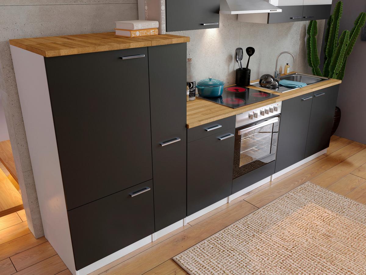 Küchenzeile Economy mit Geräten 300 cm Schwarz/Nussbaum Dekor - Nussbaumfarben/Schwarz, Basics, Holzwerkstoff (300cm) - Respekta