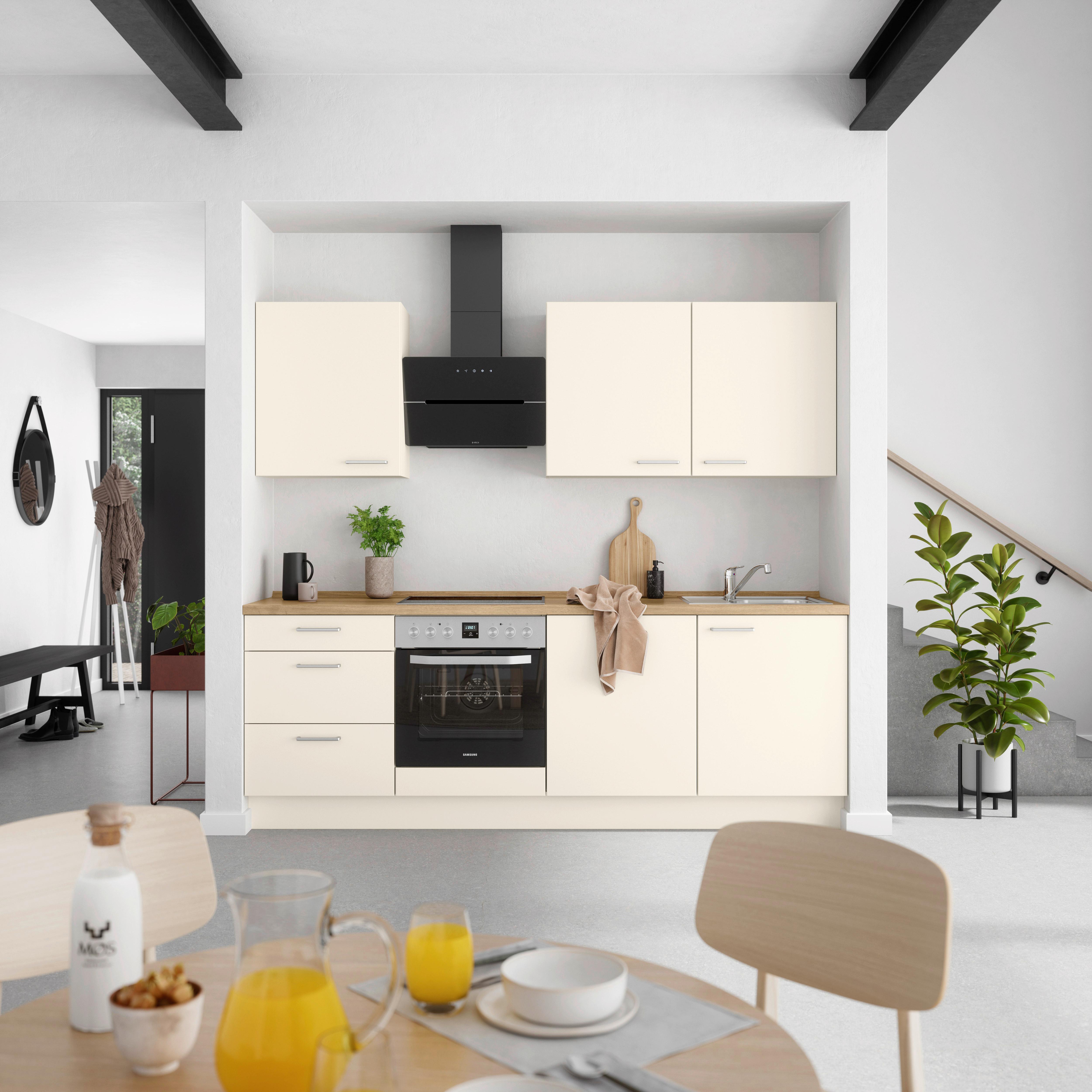 Kuchyňská linka 240 cm, magnóliová supermatná - barvy dubu/magnolie, Moderní, kov/kompozitní dřevo (240cm) - Nobilia