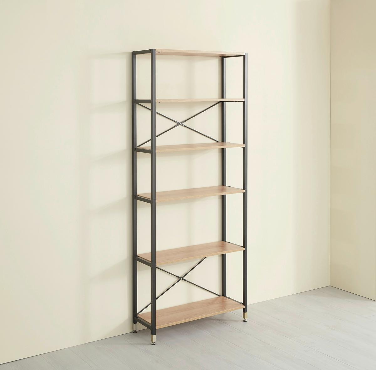 Leiterregal Naturfarben/Schwarz B: 85 cm - Schwarz/Naturfarben, Design, Holzwerkstoff/Metall (85/210/30cm) - Livetastic