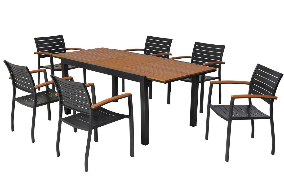 Gartentischgruppe 7-teilig. Set - Graphitfarben/Naturfarben, KONVENTIONELL, Kunststoff/Metall - Gardenson