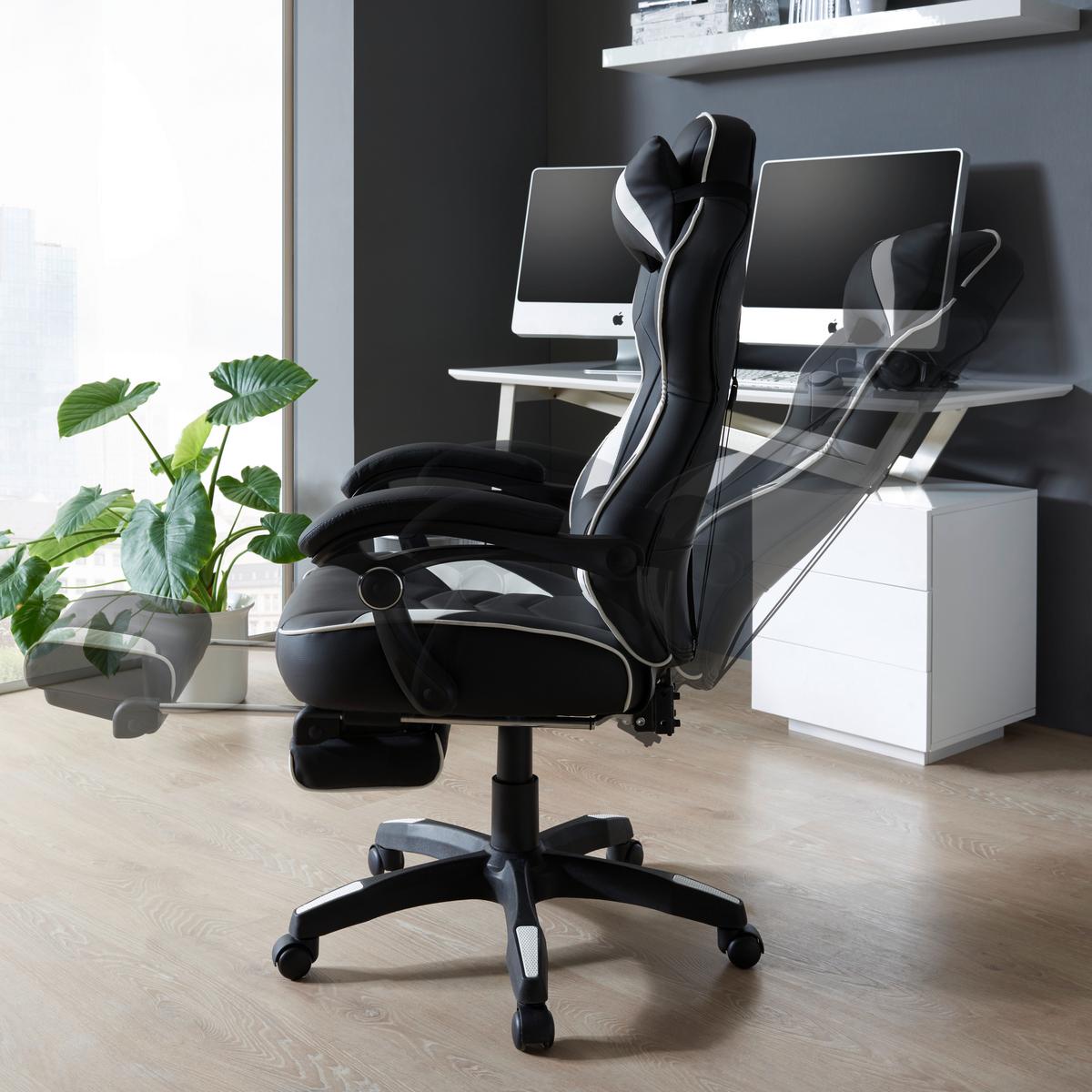 Gaming Stuhl Yaira Mit Ausziehbarer Fußstütze - Schwarz/Weiß, Design, Kunststoff/Textil (68,5/116-124/60,5cm) - Livetastic