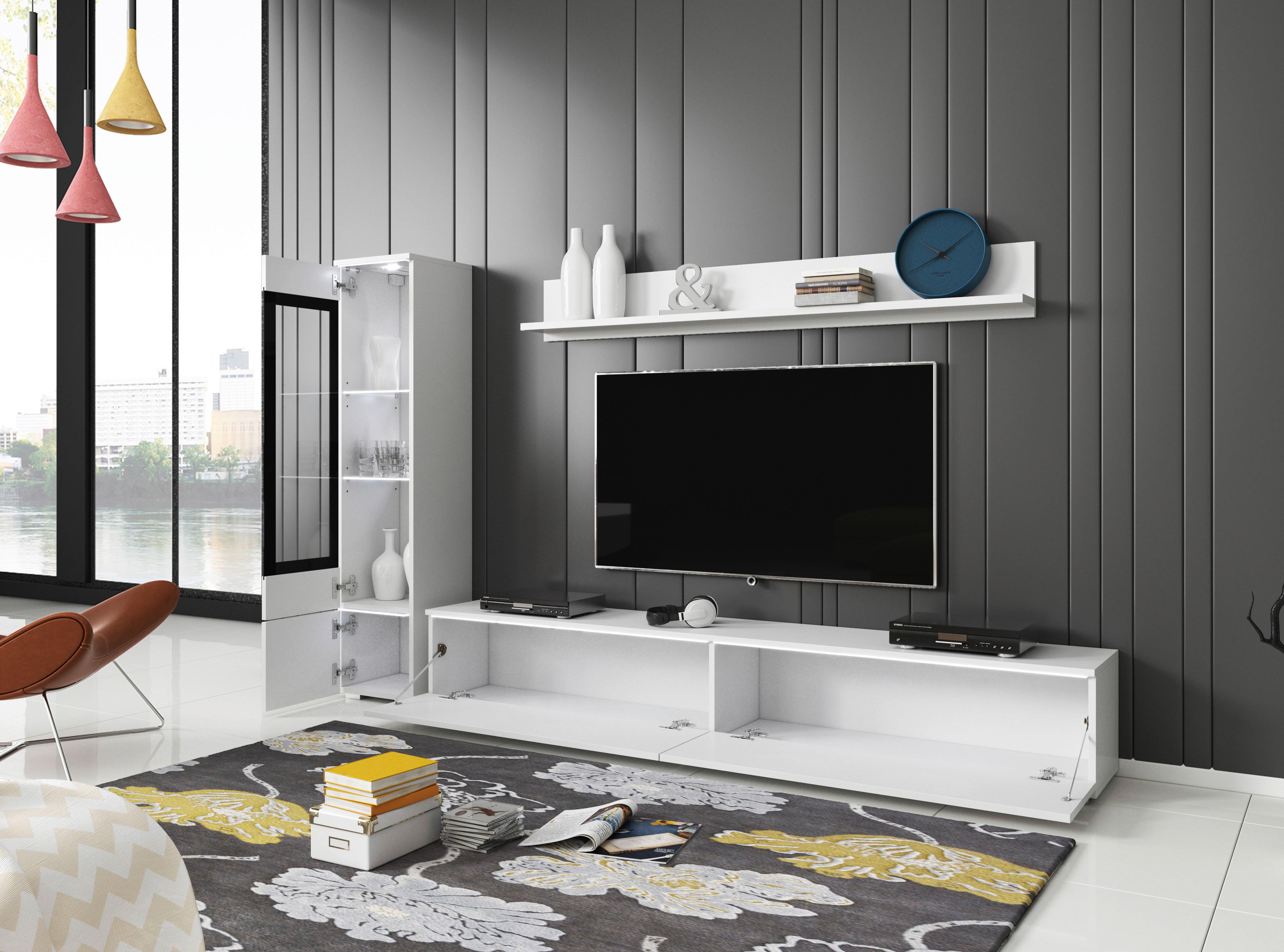 Wohnwand VERA in Weiß mit Vitrine, TV-Möbel und Wandboard