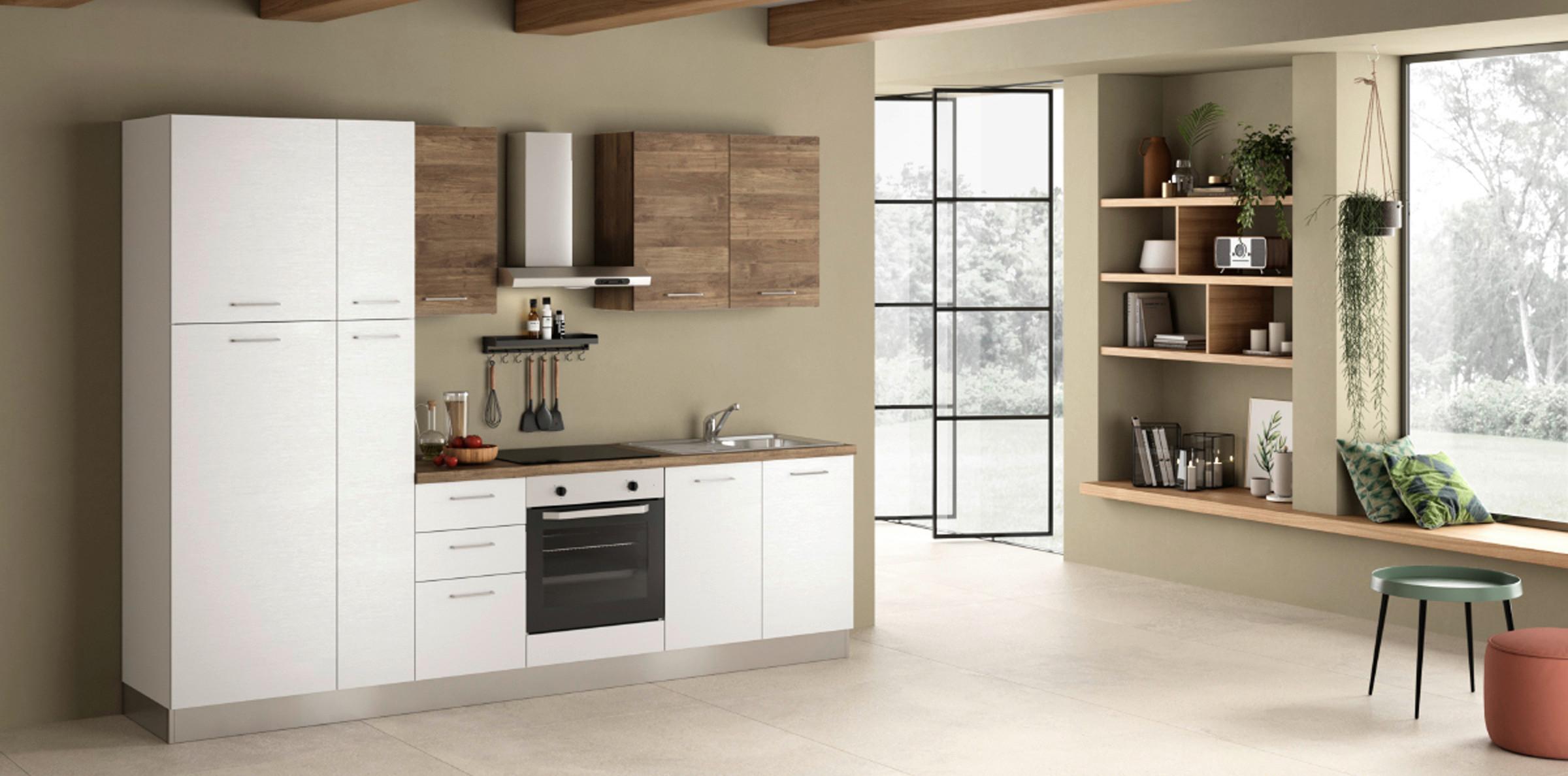 Küchenzeile Dafne Mit Kühlschrank 285 cm - Edelstahlfarben/Nussbaumfarben, LIFESTYLE, Holzwerkstoff/Kunststoff (285cm) - MID.YOU